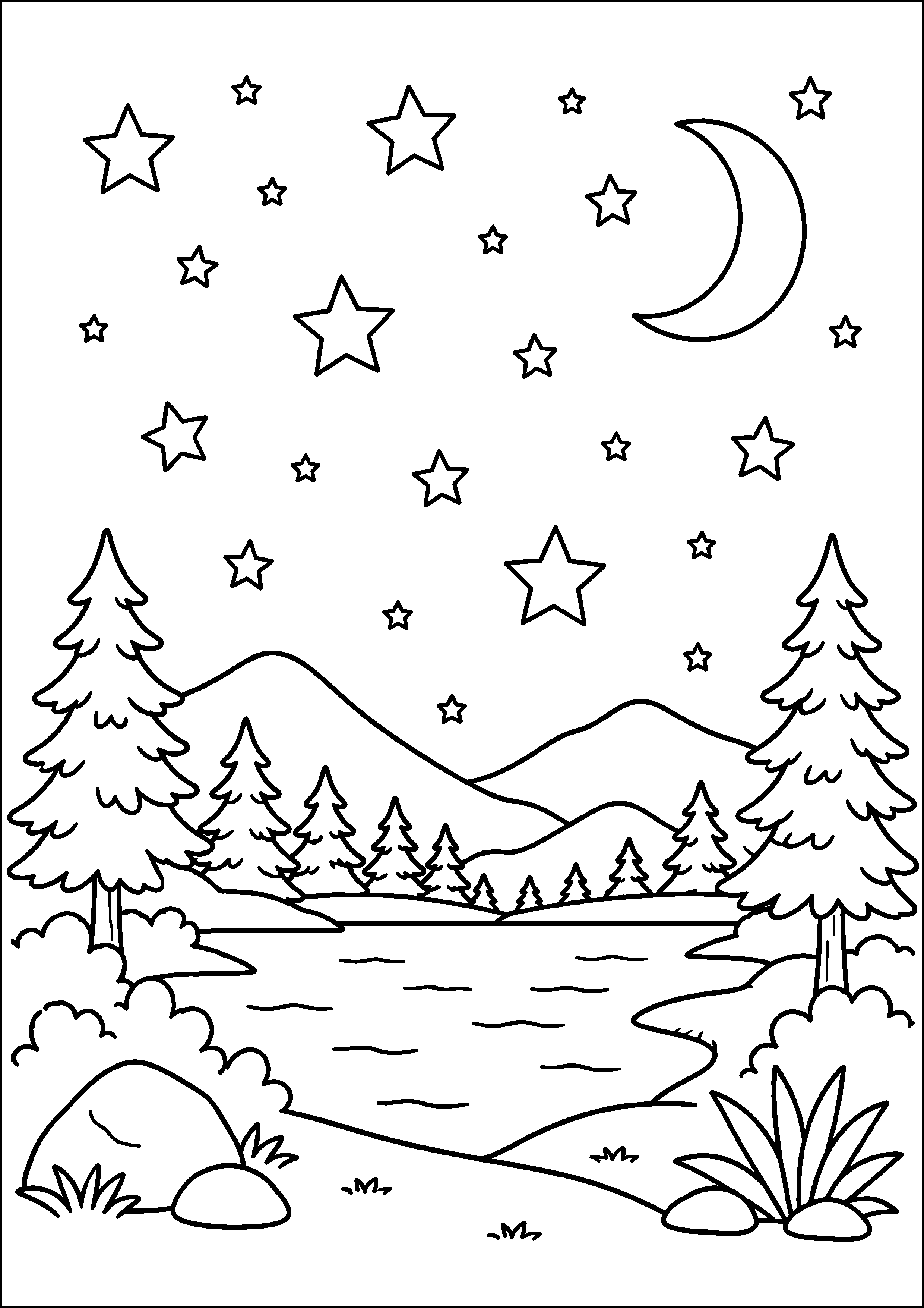 Coloriage ciel étoilé au-dessus d’un lac et de sapins à imprimer gratuitement