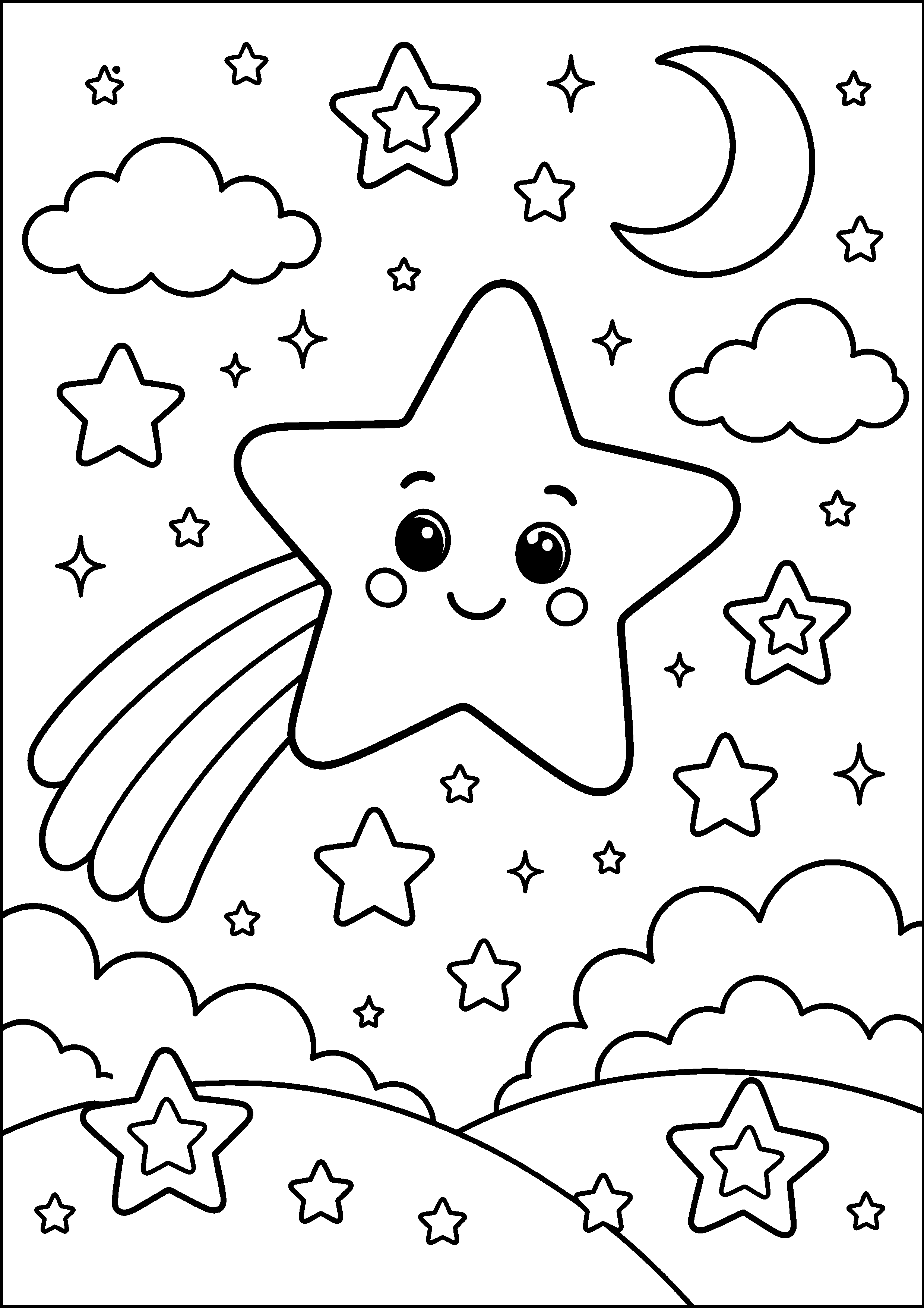 Coloriage étoile filante kawaii dans le ciel nocturne à imprimer gratuitement