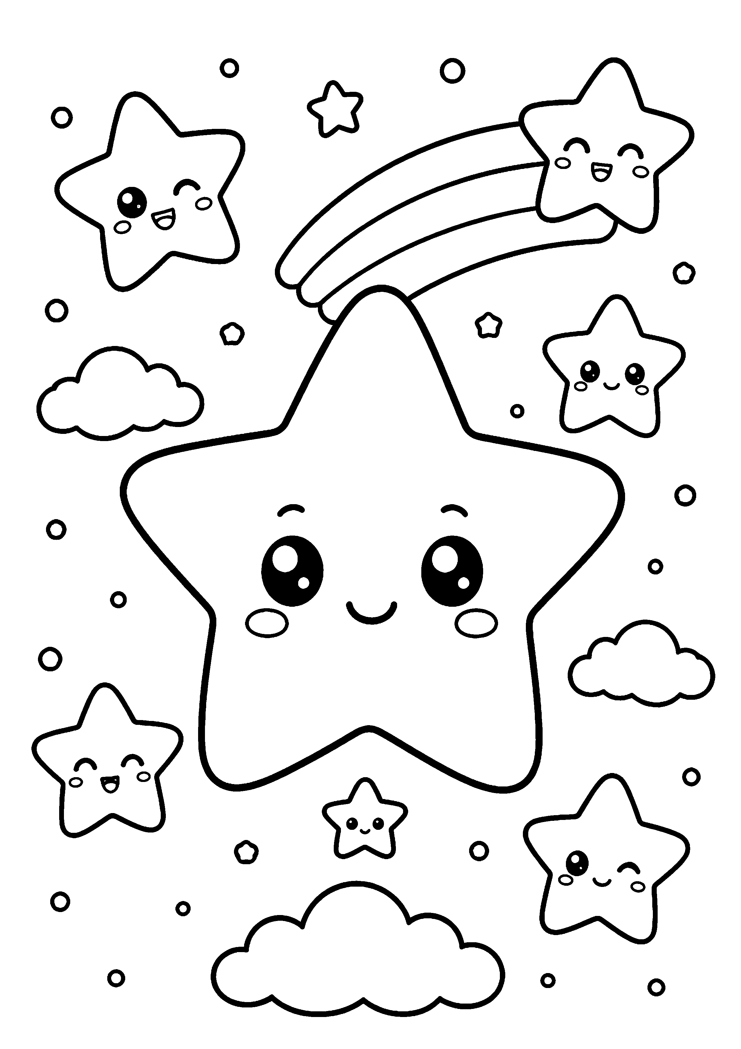 Coloriage grande étoile avec petites étoiles et comète à imprimer gratuitement