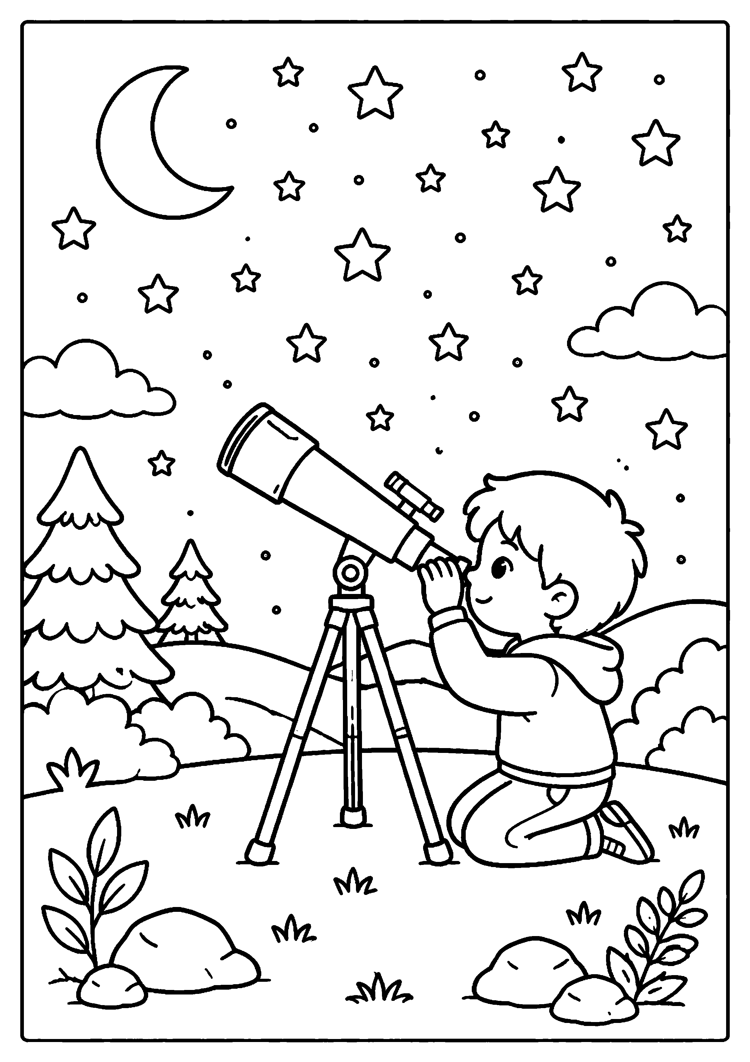 Coloriage enfant observant les étoiles au télescope à imprimer gratuitement