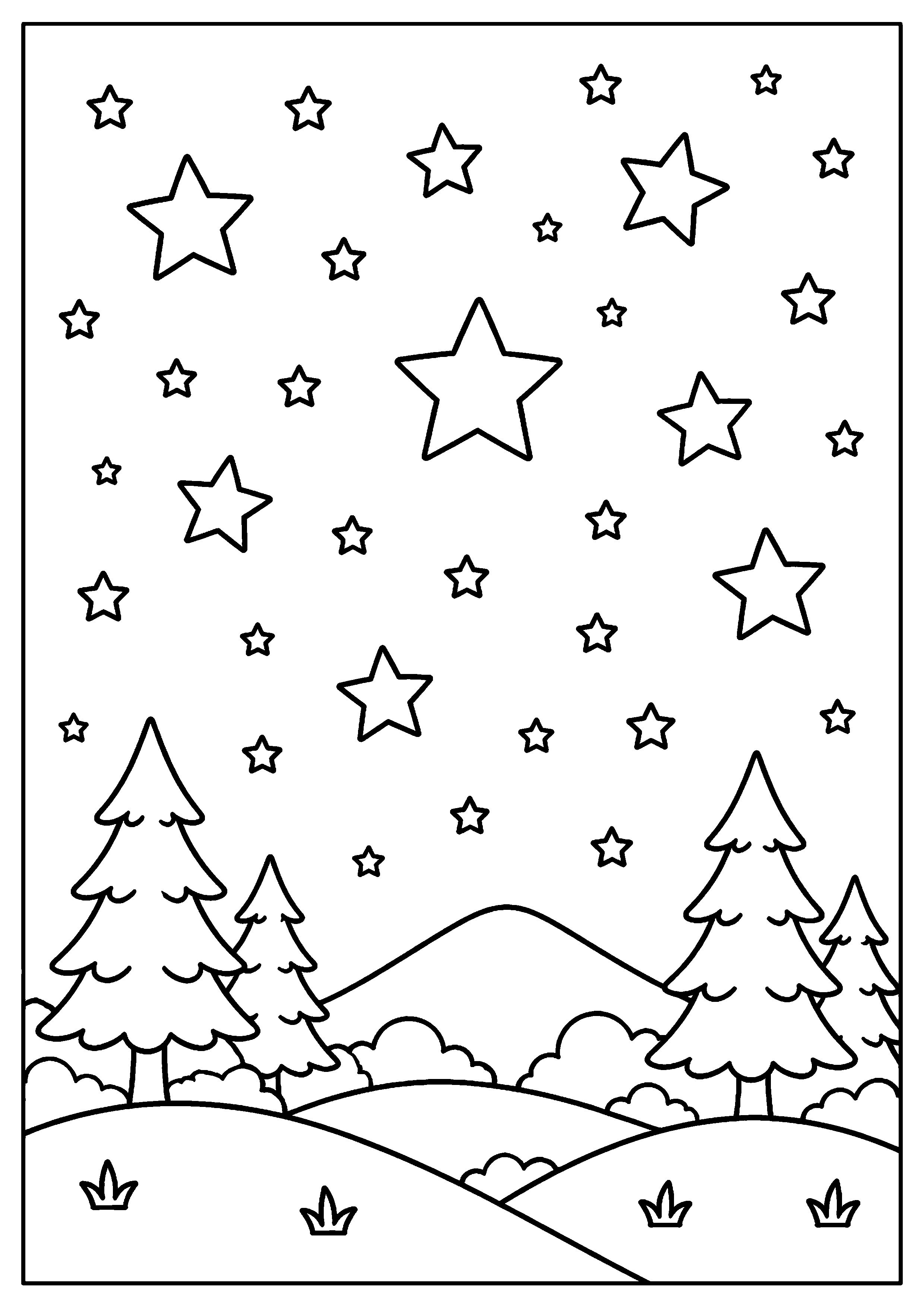 Coloriage nuit étoilée au-dessus de collines et sapins à imprimer gratuitement