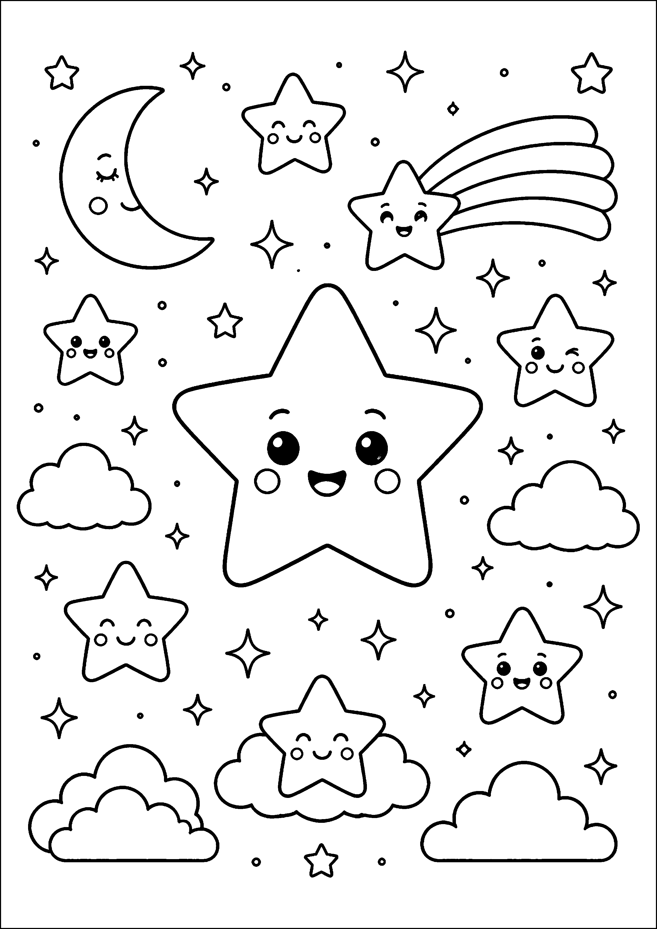 Coloriage ciel kawaii rempli d’étoiles, lune et comète à imprimer gratuitement