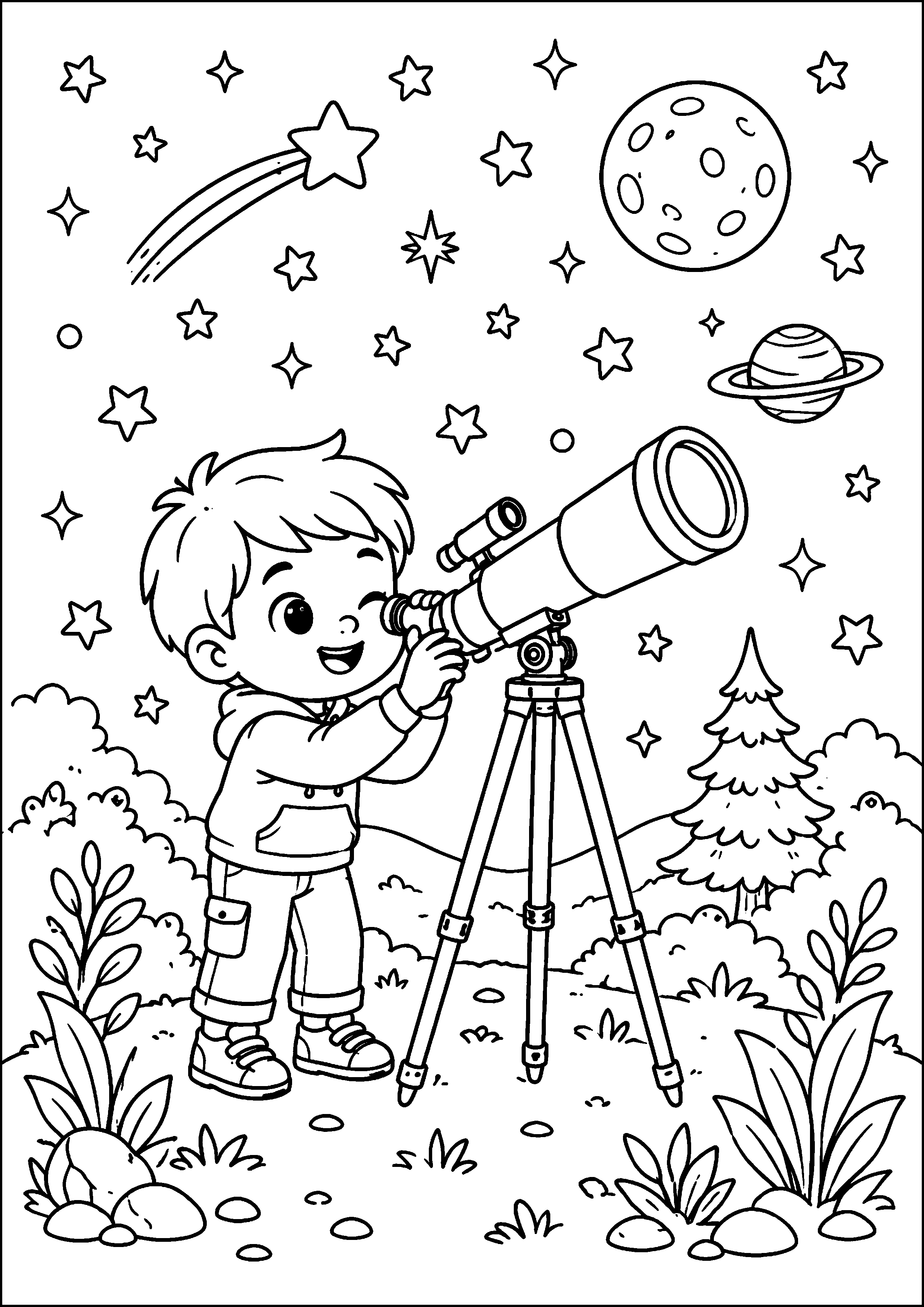 Coloriage enfant avec télescope sous les étoiles et les planètes à imprimer gratuitement