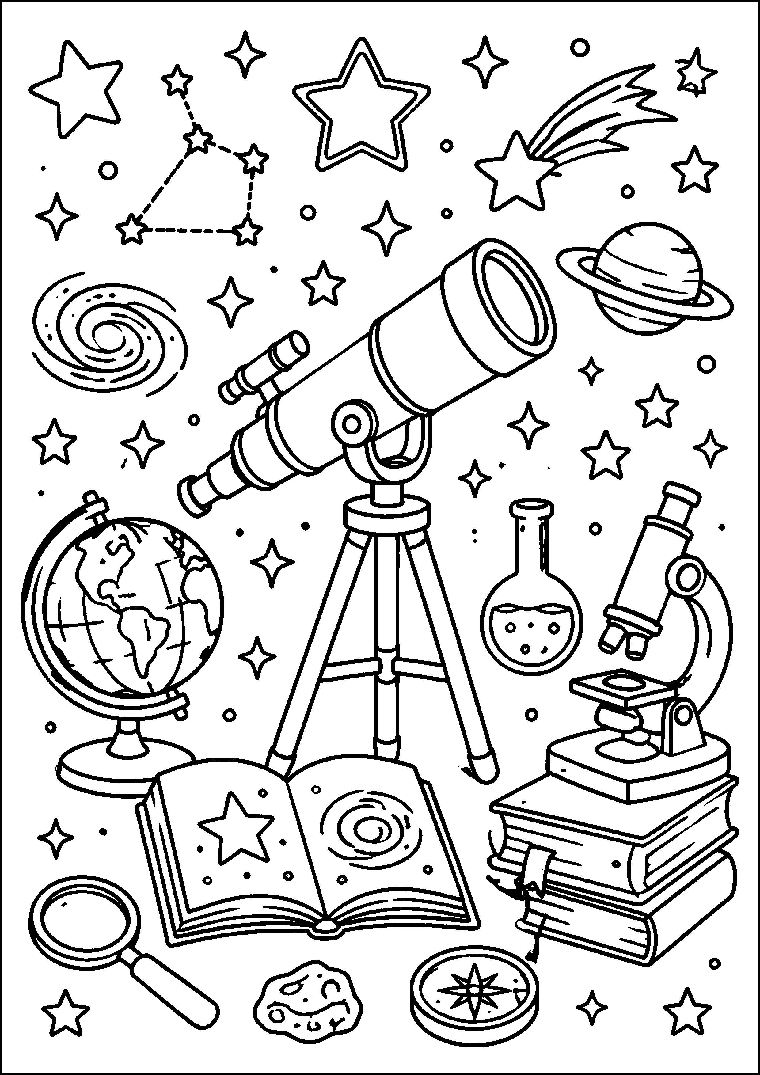 Coloriage matériel d’astronomie avec télescope, globe et livres à imprimer gratuitement