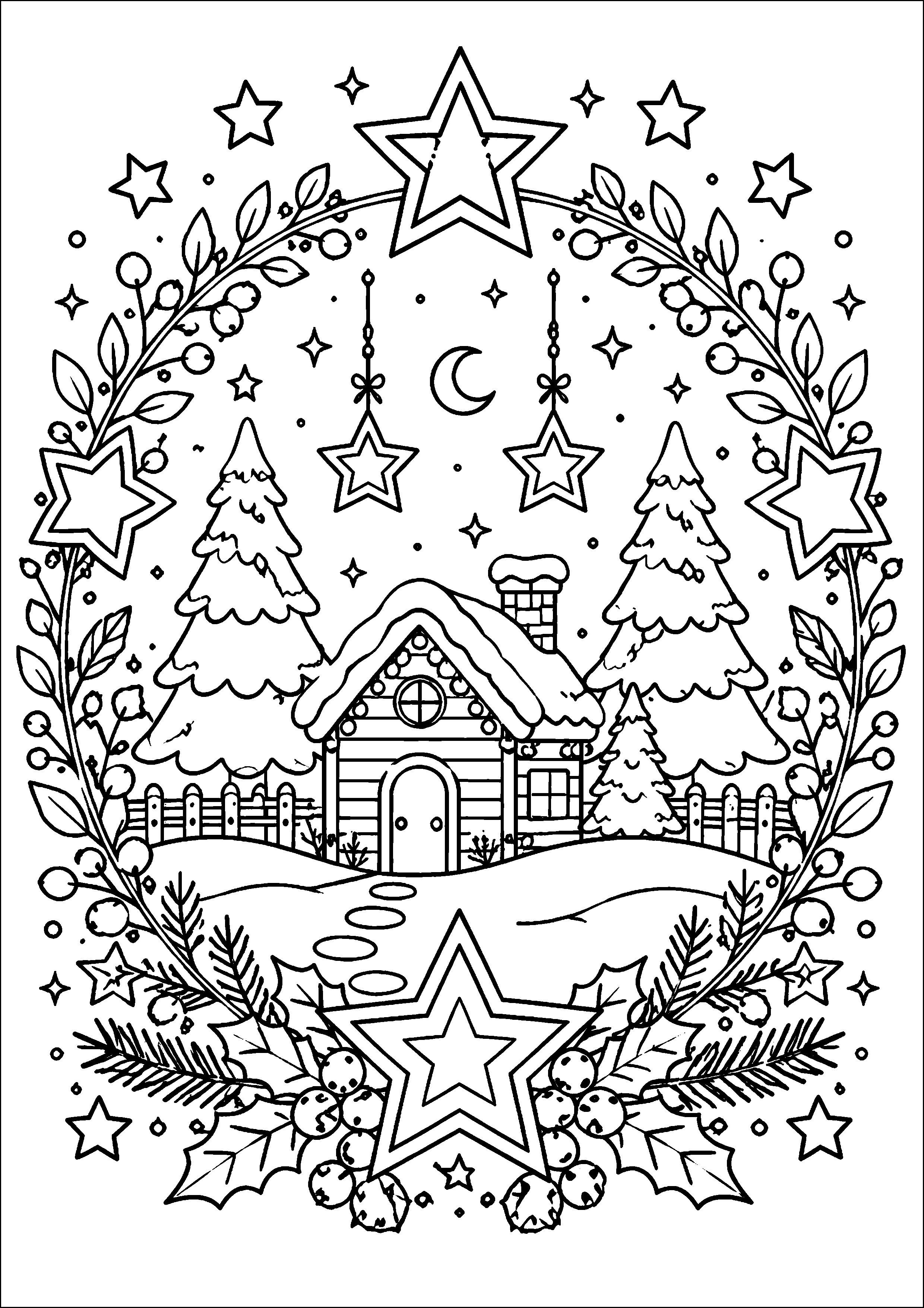 Coloriage cabane en forêt sous un ciel étoilé décoratif à imprimer gratuitement