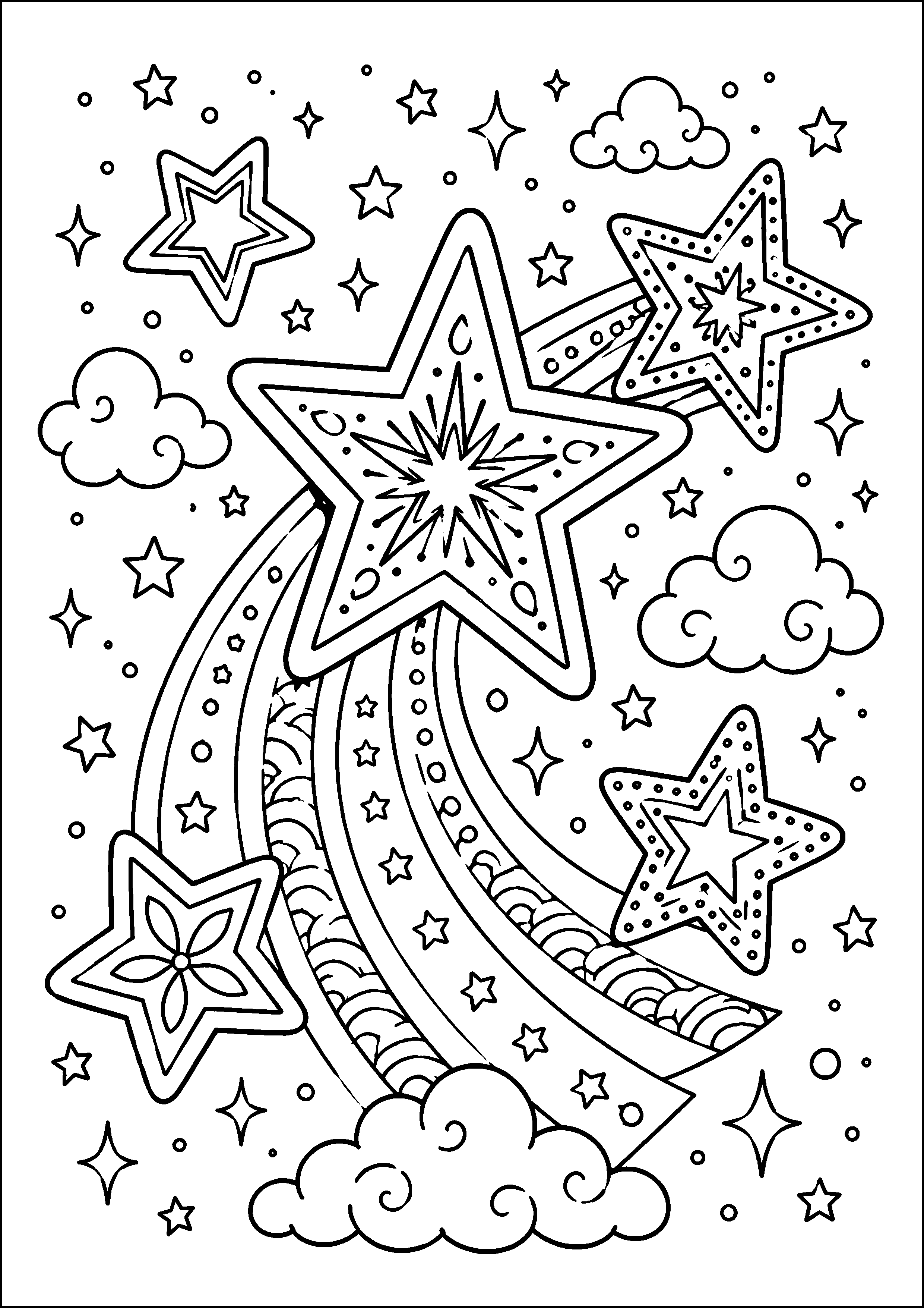 Coloriage étoiles filantes, lune et nuages dans un motif détaillé à imprimer gratuitement