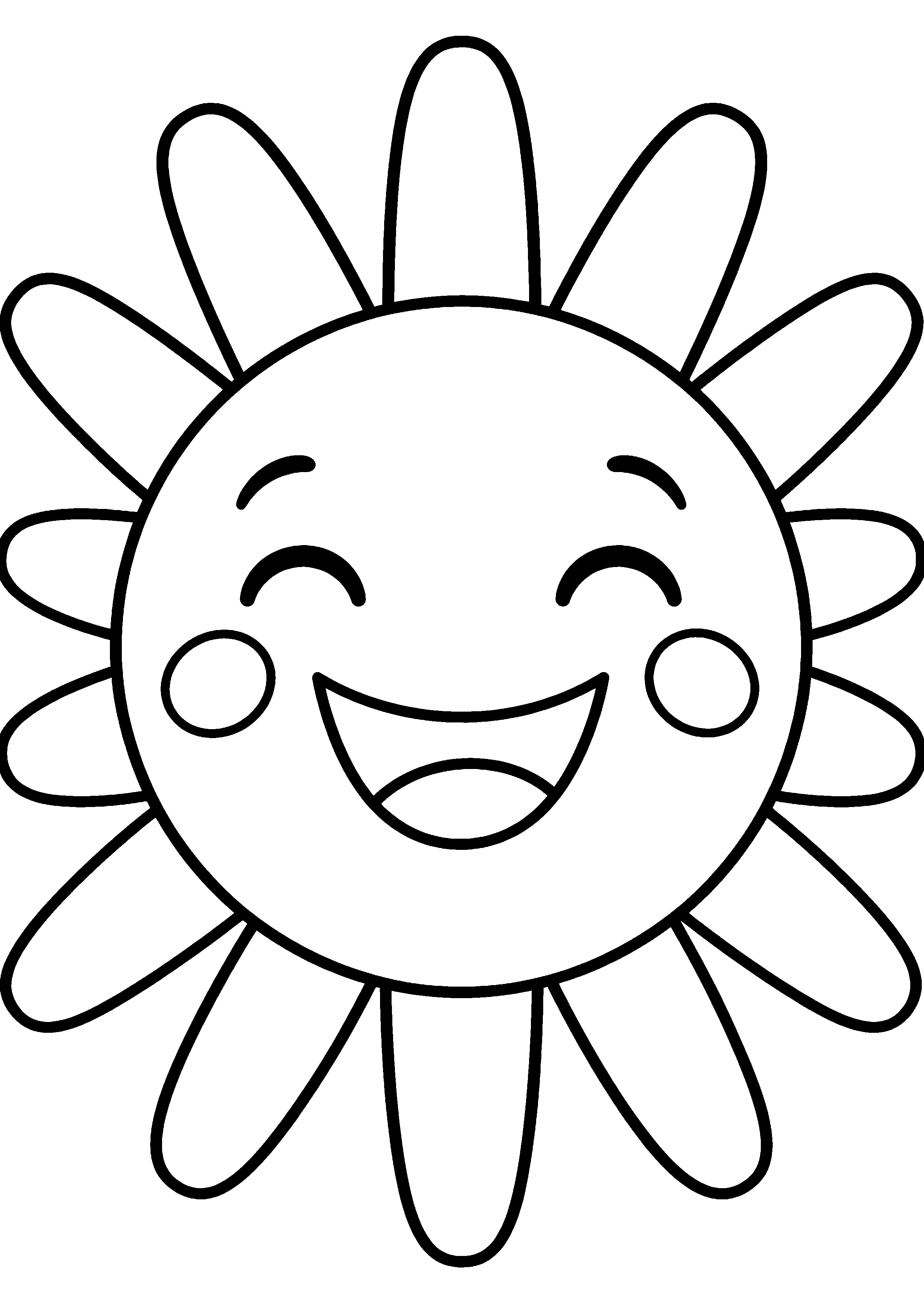Coloriage facile pour maternelle représentant soleil souriant aux larges rayons en grand