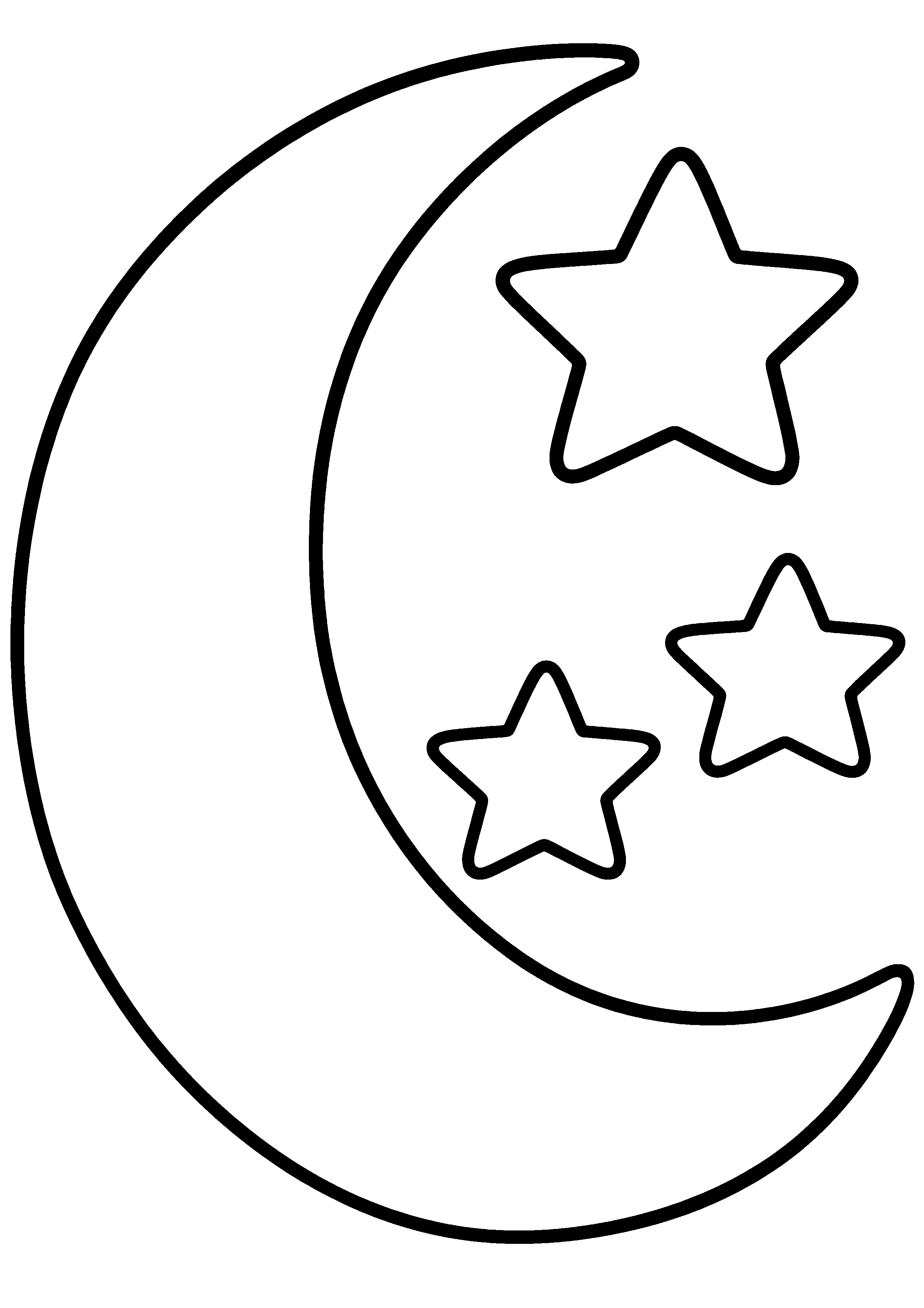 Coloriage facile pour maternelle représentant lune en croissant avec trois étoiles en grand