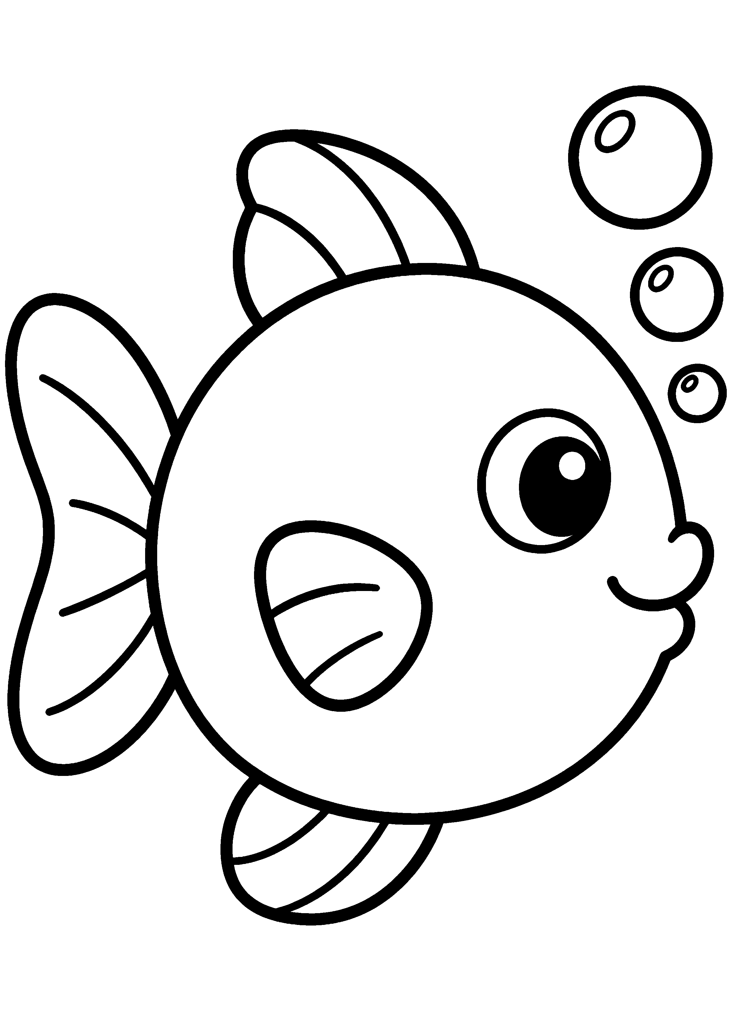 Coloriage facile pour maternelle représentant poisson rond avec trois bulles en grand