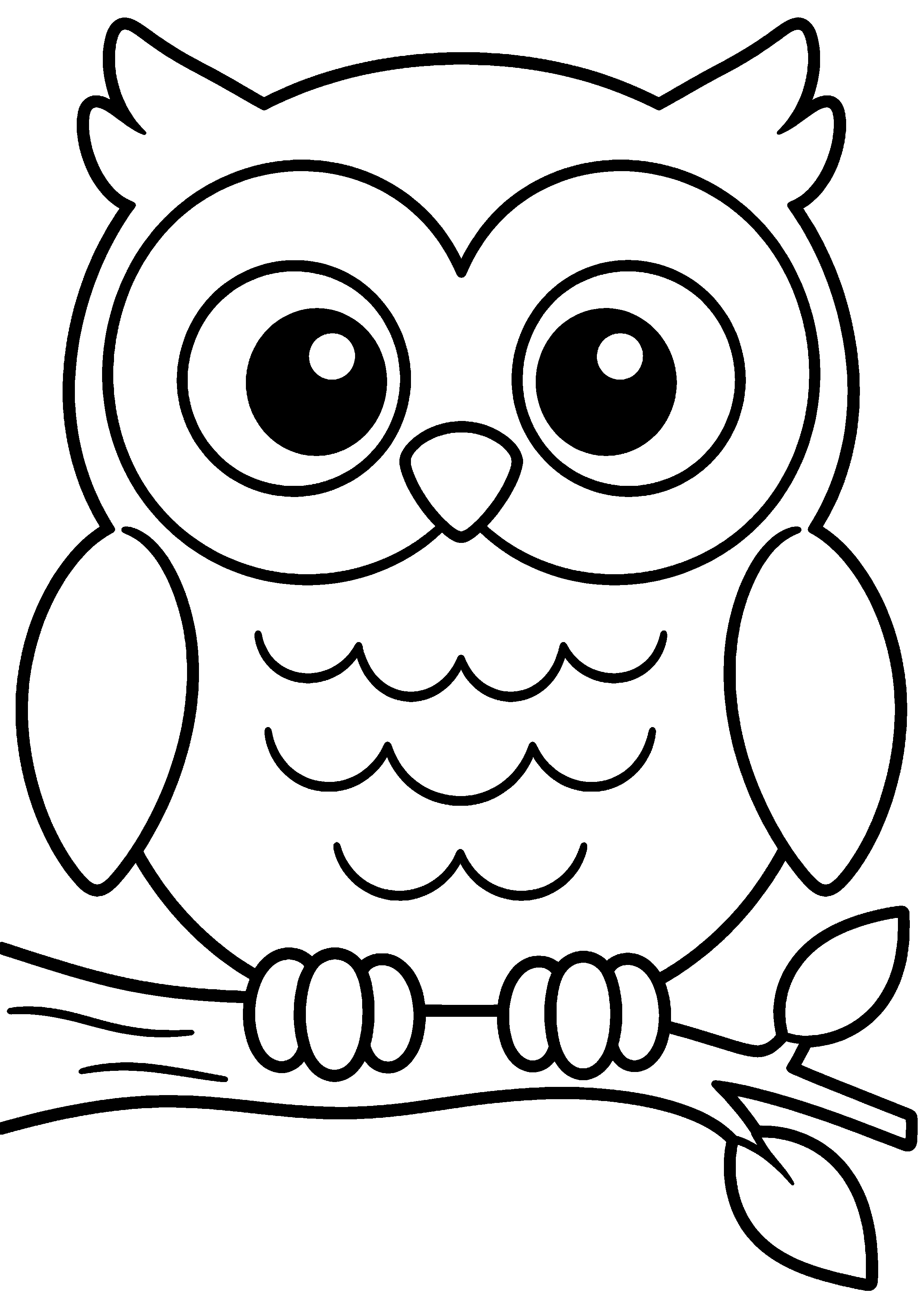 Coloriage facile pour maternelle représentant hibou rond posé sur une branche en grand