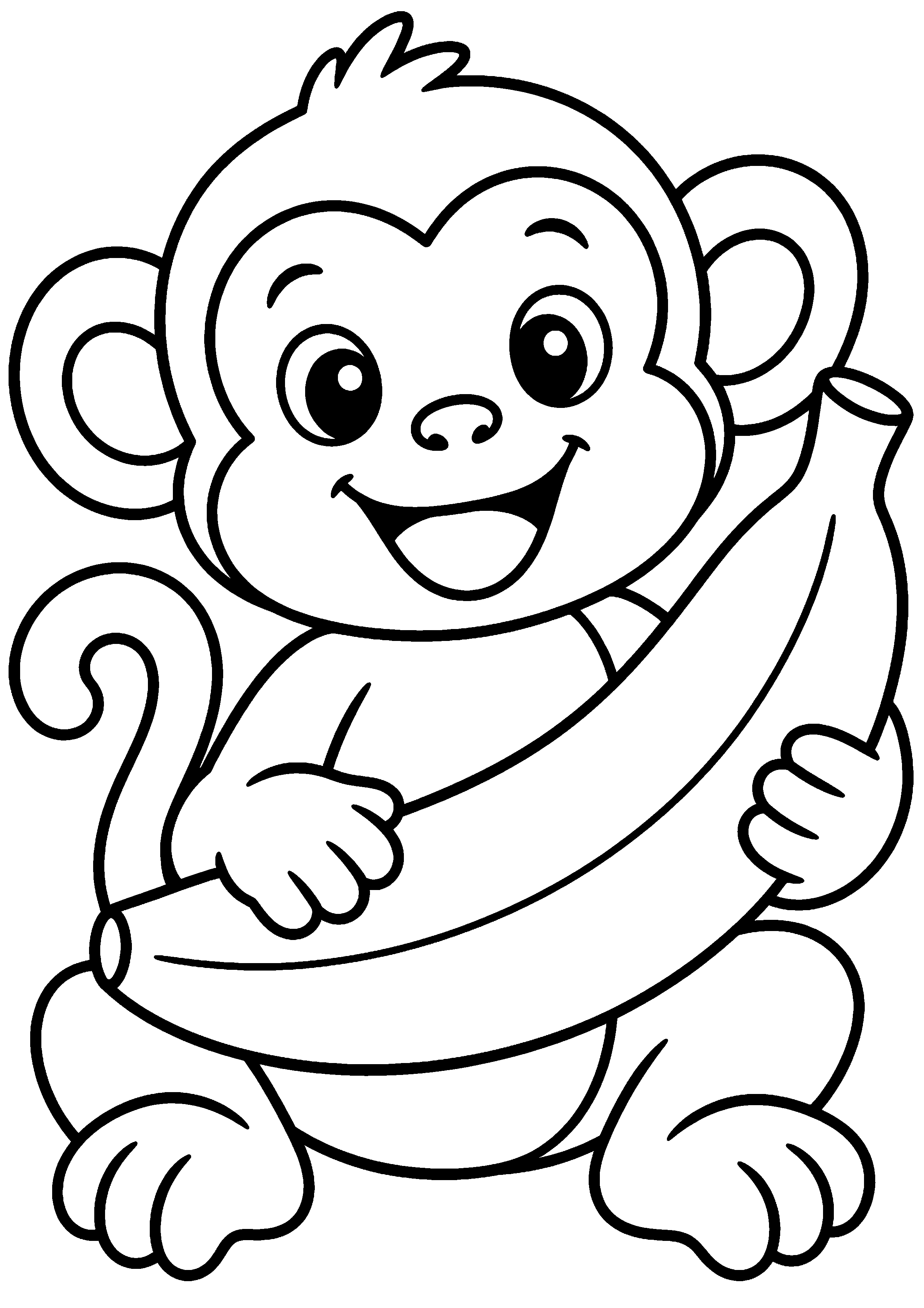 Coloriage facile pour maternelle représentant singe tenant une grosse banane en grand