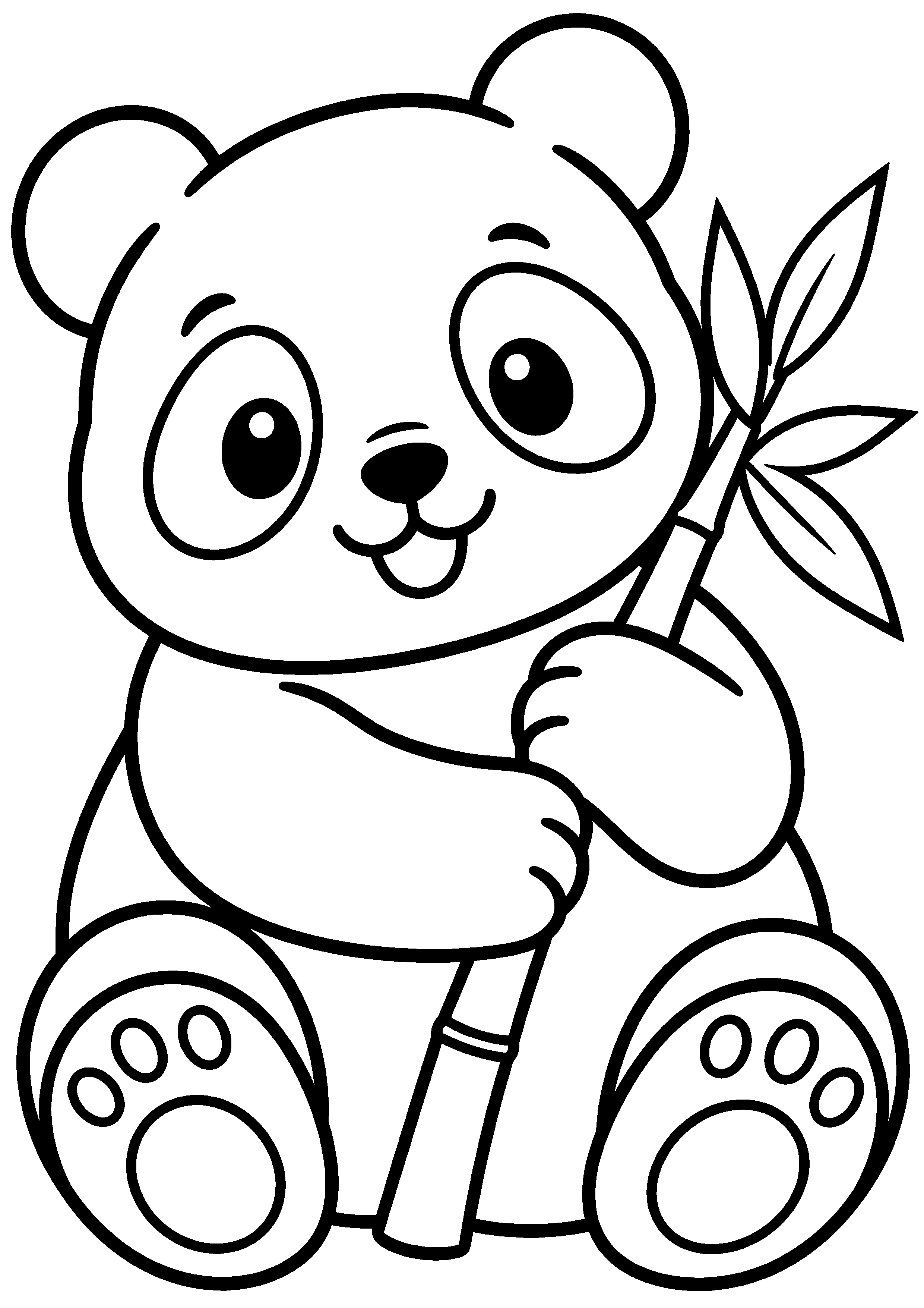 Coloriage facile pour maternelle représentant panda assis avec une pousse de bambou en grand