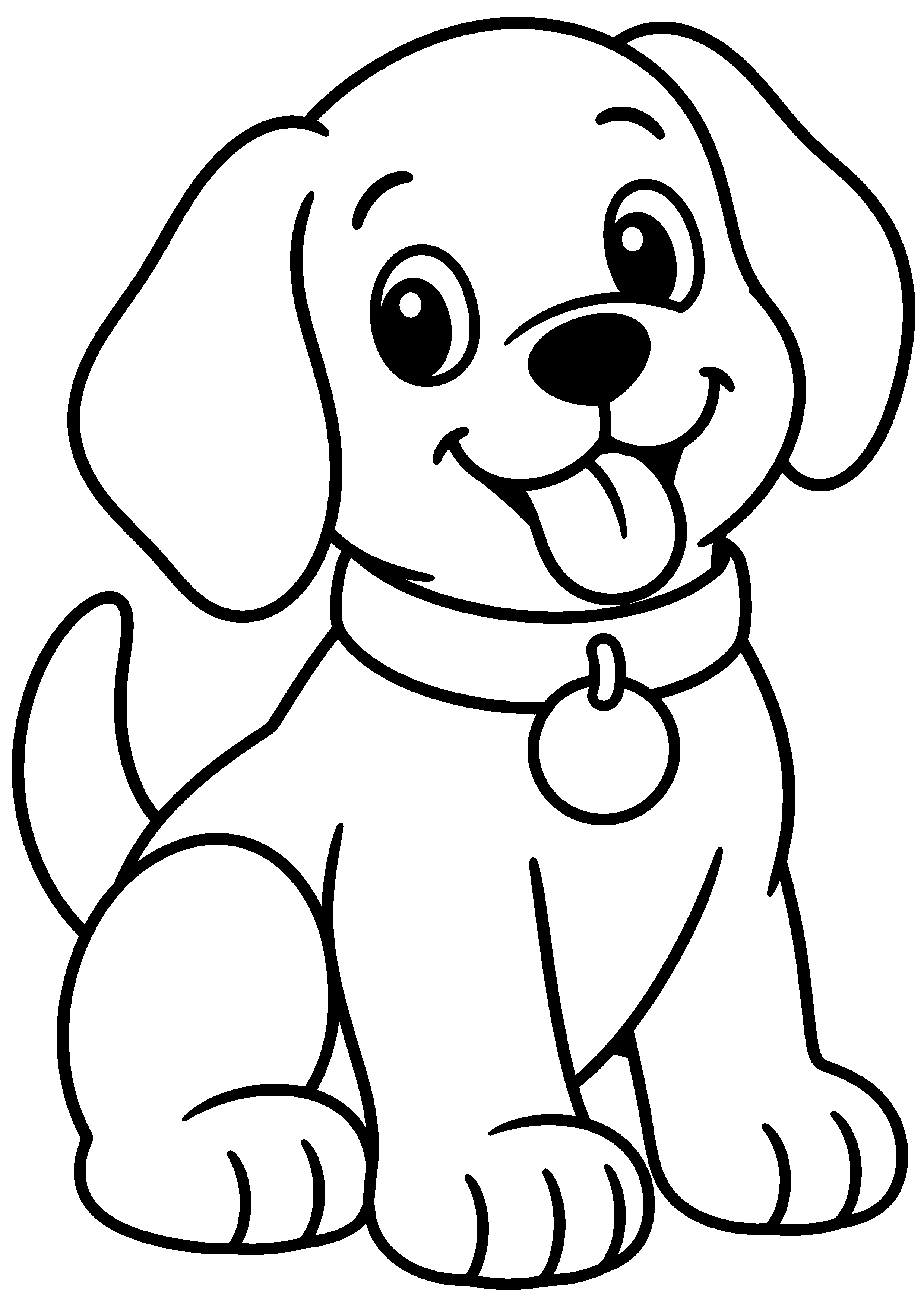 Coloriage facile pour maternelle représentant chien assis avec un gros collier en grand