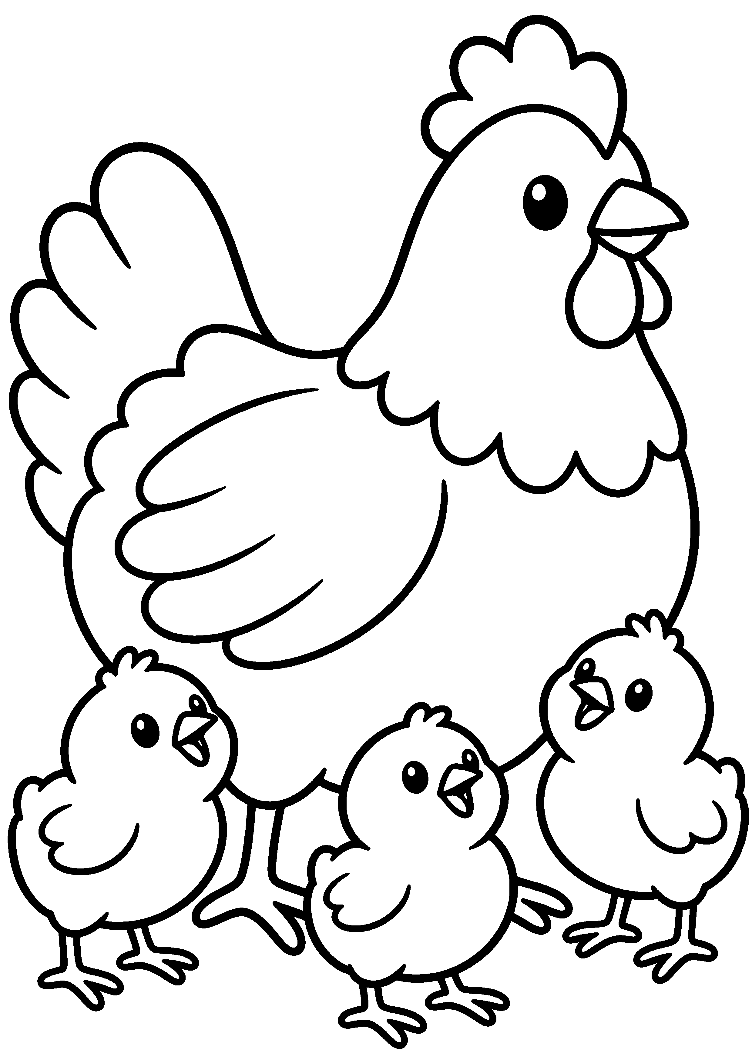 Coloriage facile pour maternelle représentant poule avec trois poussins en grand
