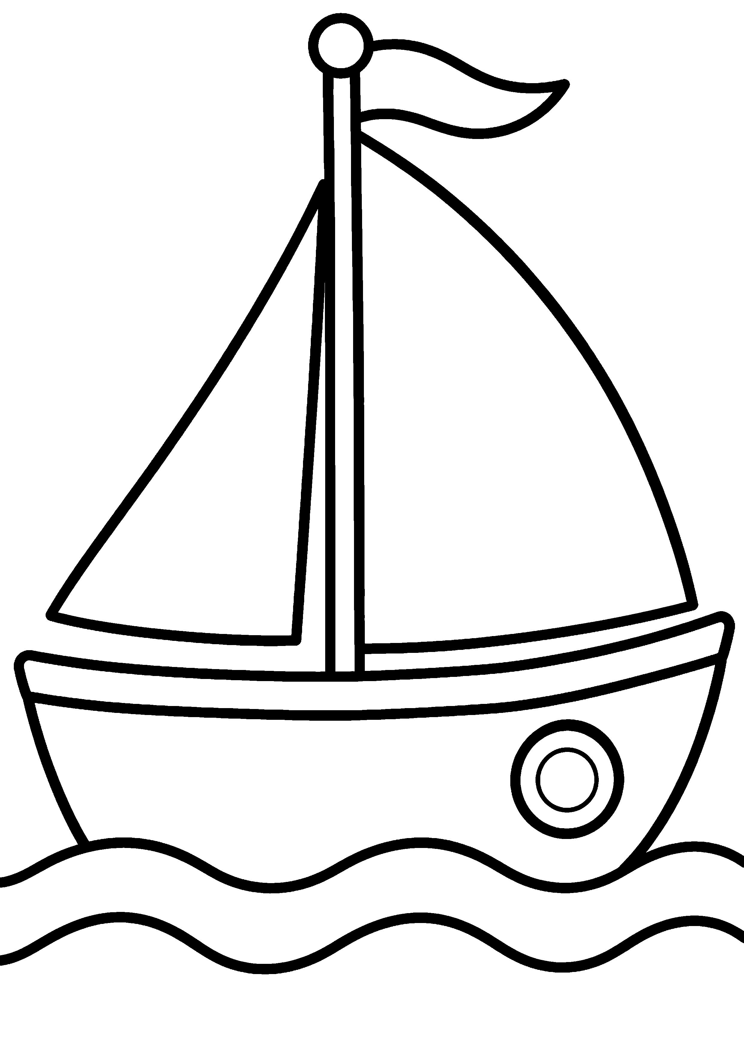 Coloriage facile pour maternelle représentant bateau à voile sur deux vagues en grand