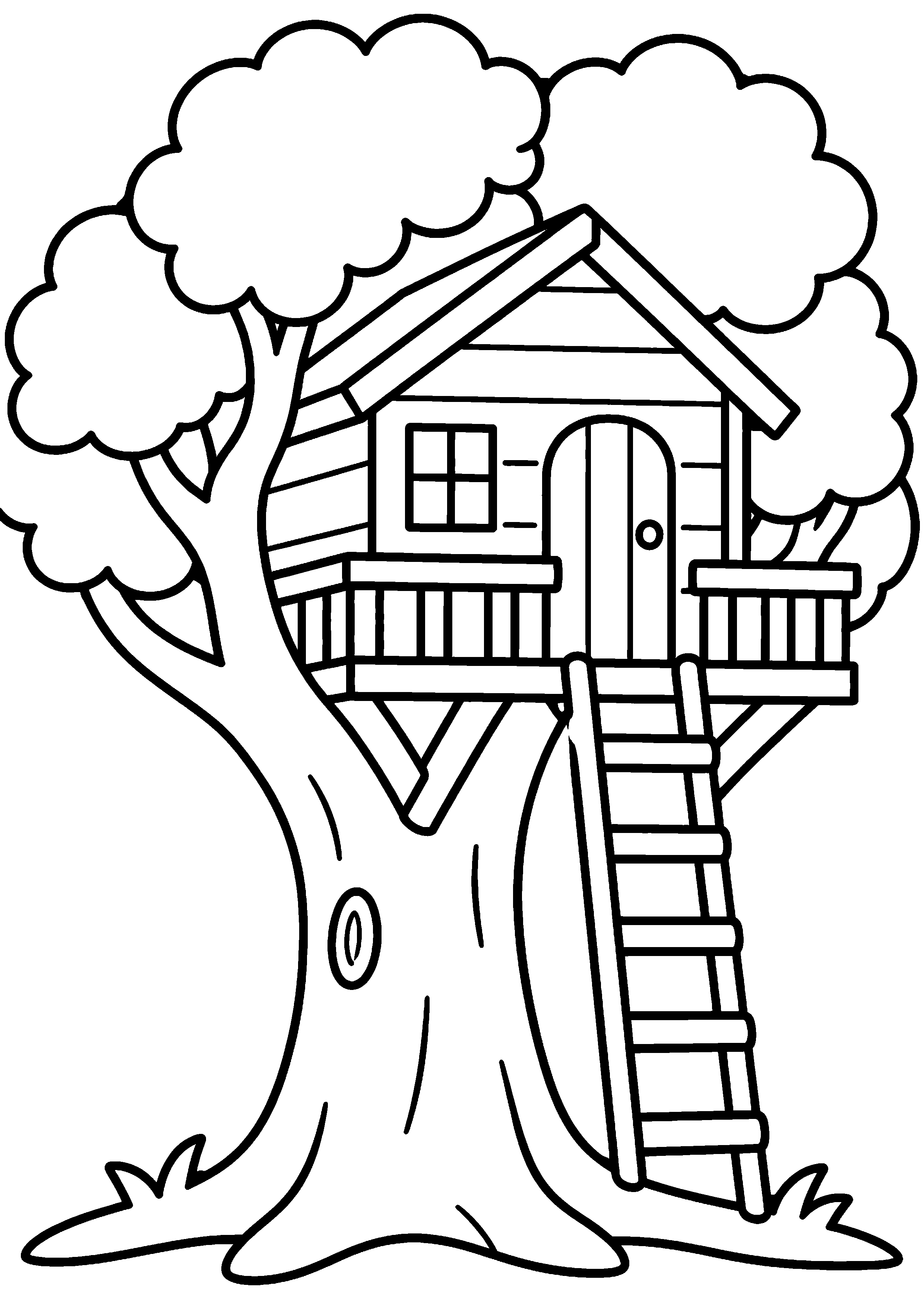 Coloriage facile pour maternelle représentant cabane perchée dans un arbre en grand