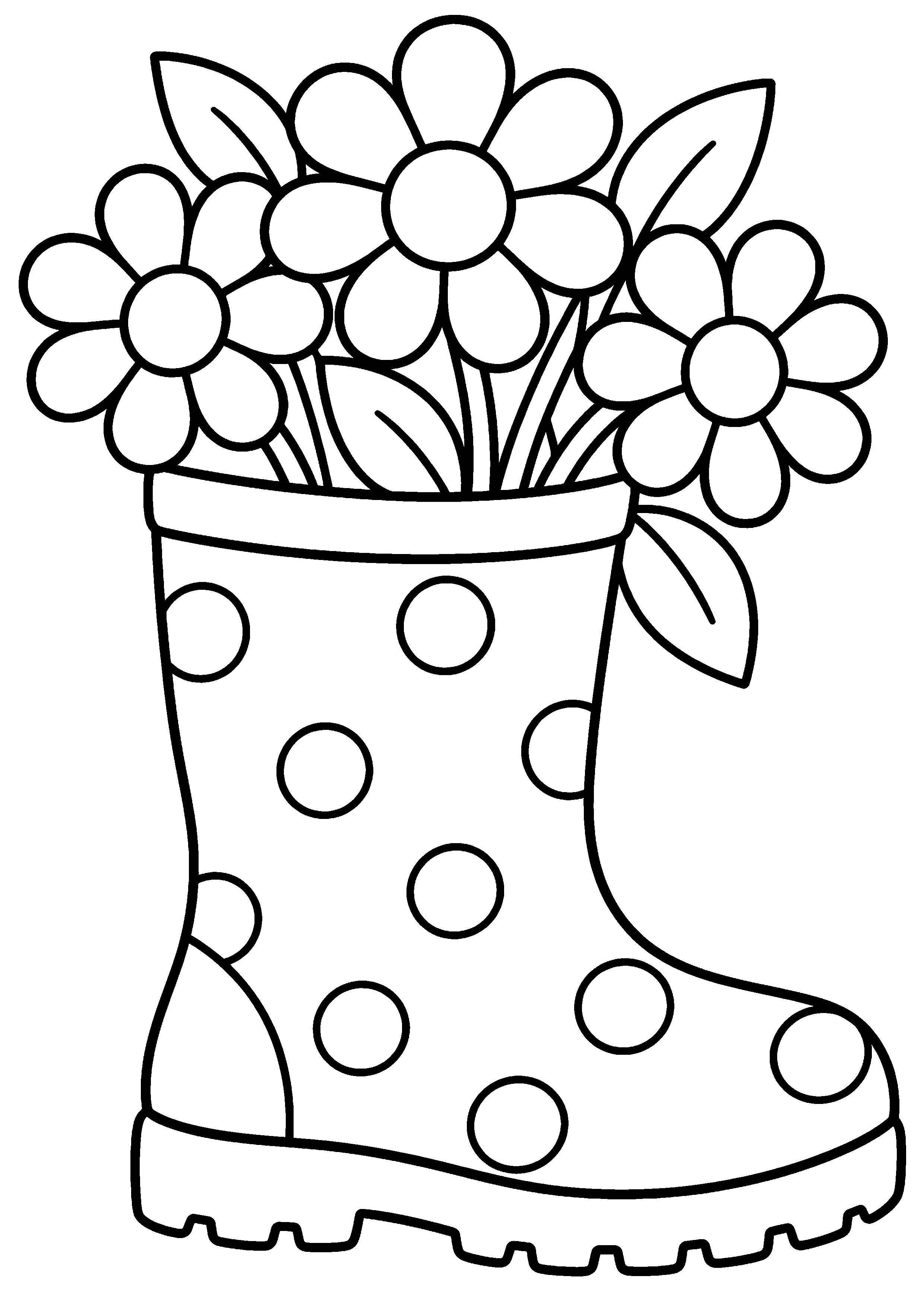 Coloriage facile pour maternelle représentant botte de pluie remplie de fleurs en grand
