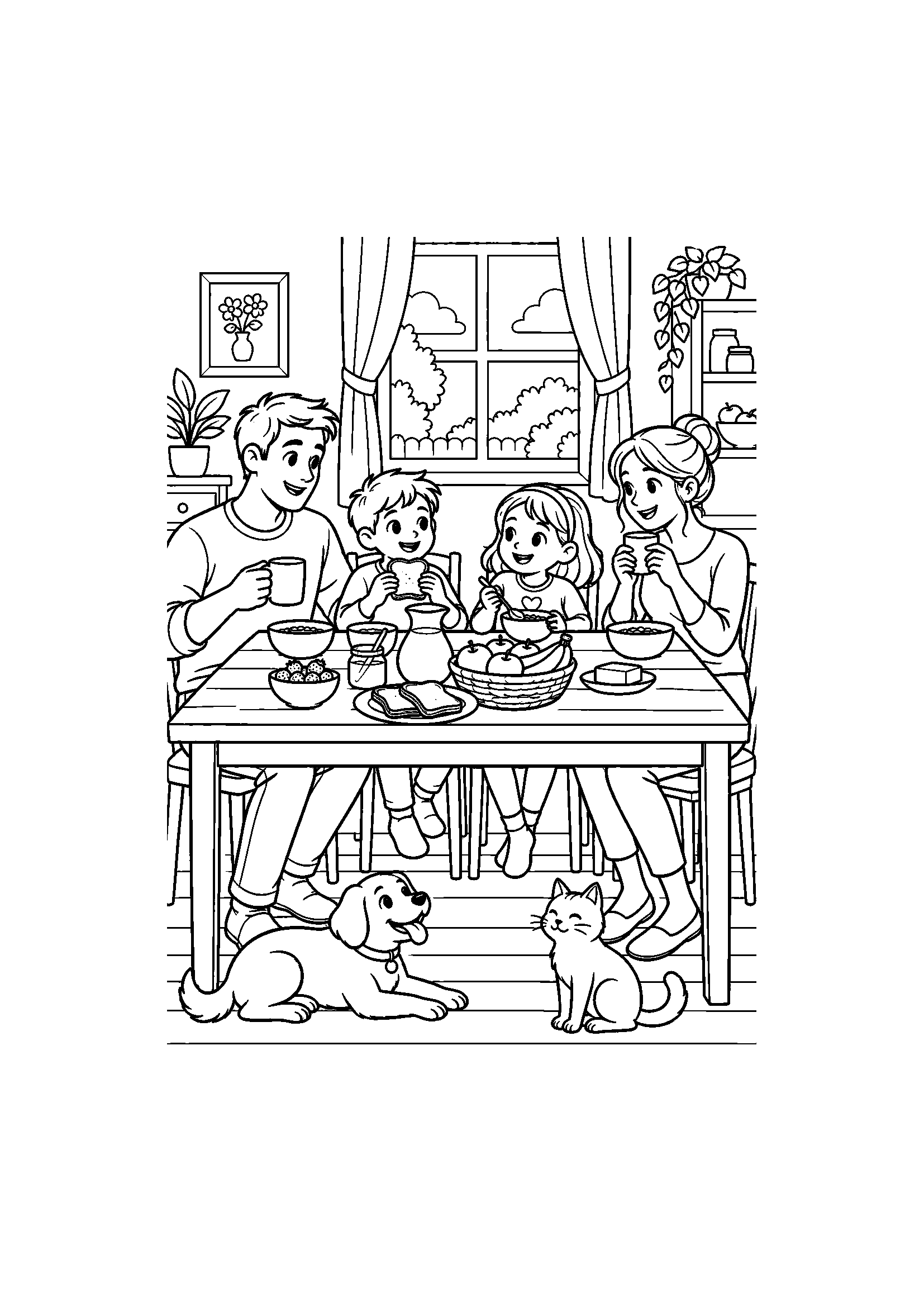 Coloriage famille représentant famille réunie autour d’une table de petit-déjeuner avec bols, tartines et fruits, dessin gratuit à imprimer