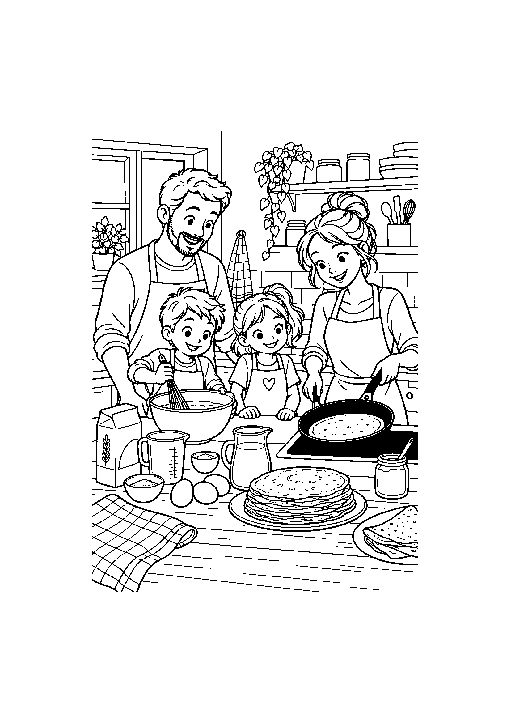 Coloriage famille représentant parents et enfants préparant des crêpes ensemble dans une cuisine familiale, dessin gratuit à imprimer