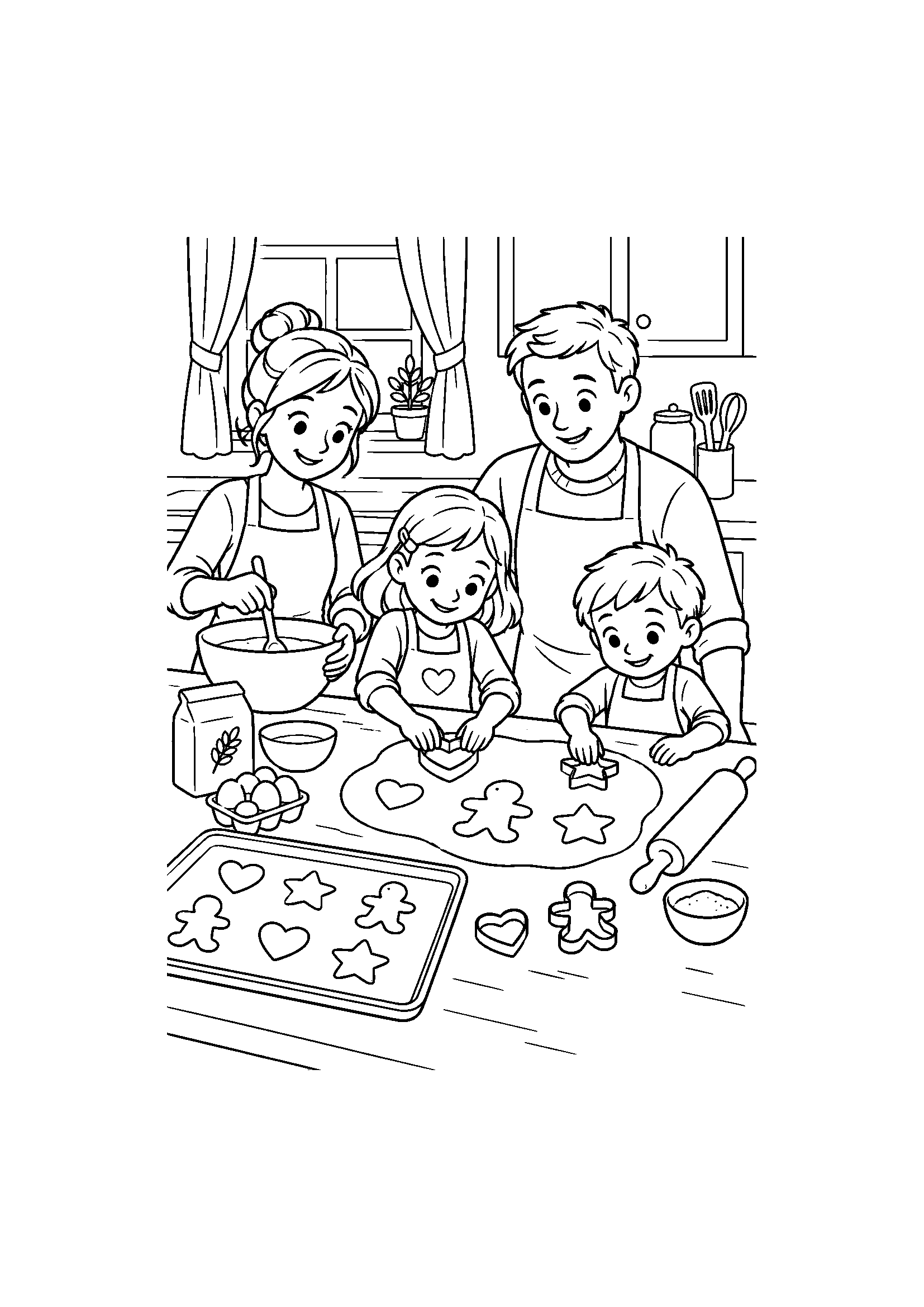 Coloriage famille représentant famille mélangeant une pâte et découpant des biscuits dans une cuisine, dessin gratuit à imprimer