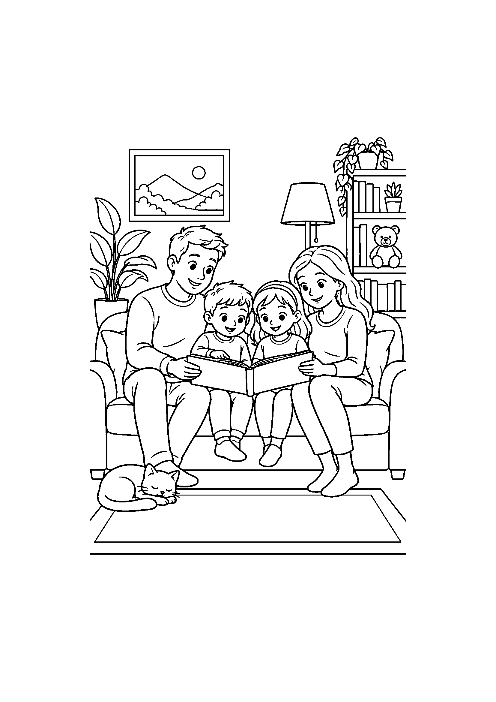 Coloriage famille représentant adultes et enfants installés sur un canapé en train de lire ensemble, dessin gratuit à imprimer
