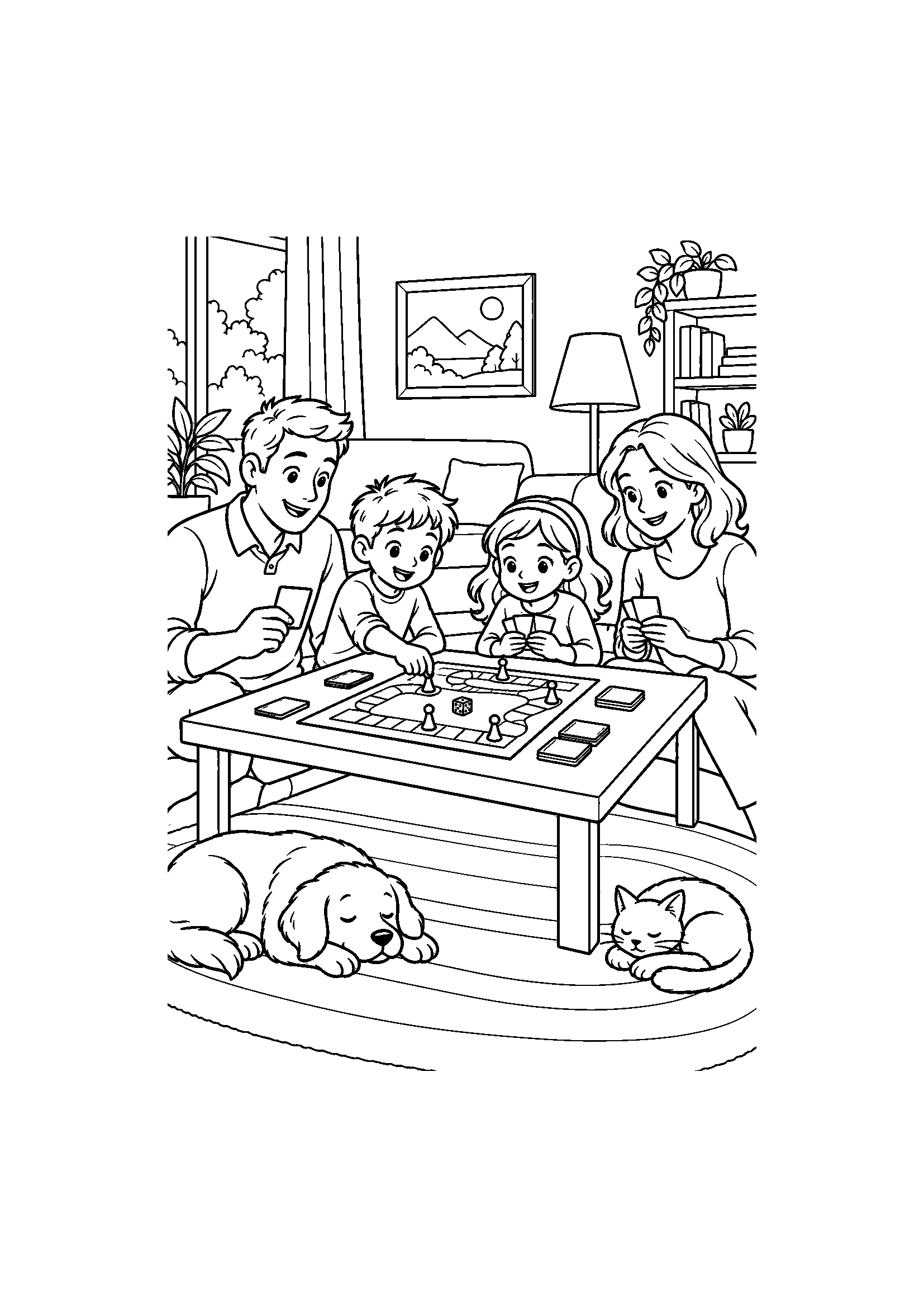 Coloriage famille représentant famille autour d’un jeu de plateau générique sans marque ni texte, dessin gratuit à imprimer