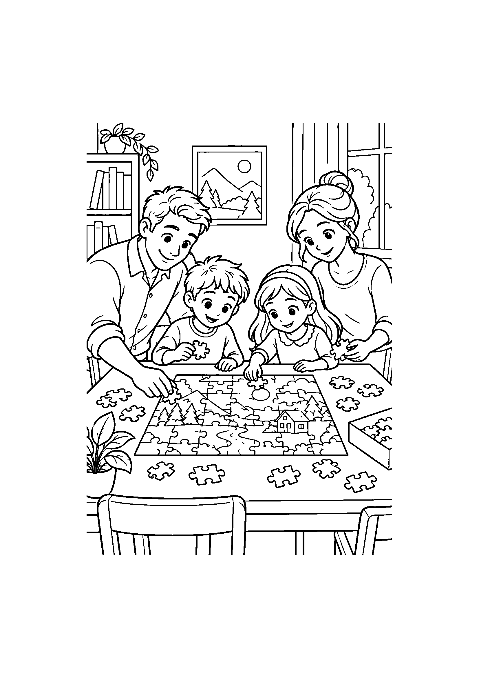 Coloriage famille représentant adultes et enfants assemblant un grand puzzle sur une table, dessin gratuit à imprimer