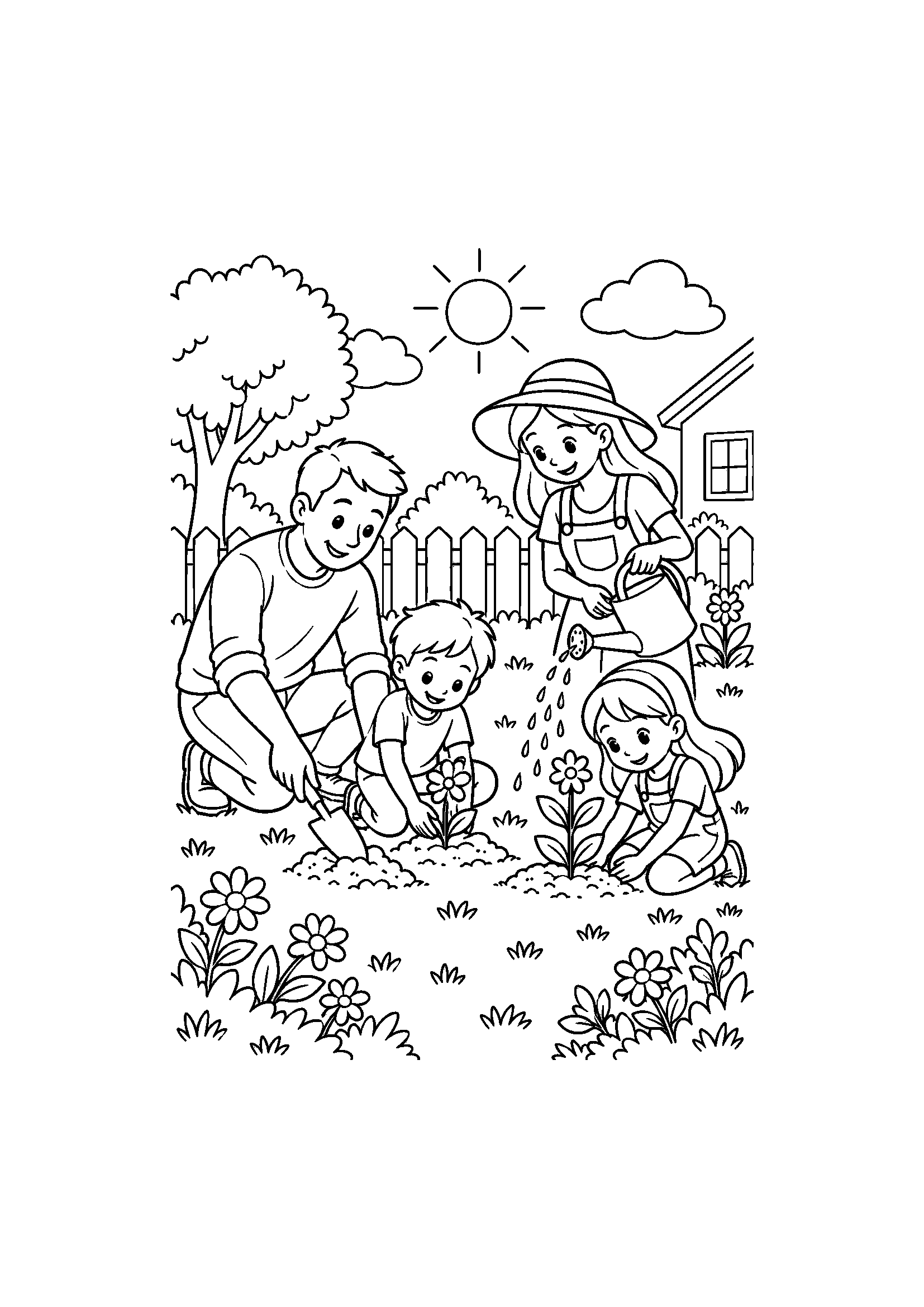 Coloriage famille représentant famille plantant et arrosant des fleurs dans un jardin, dessin gratuit à imprimer