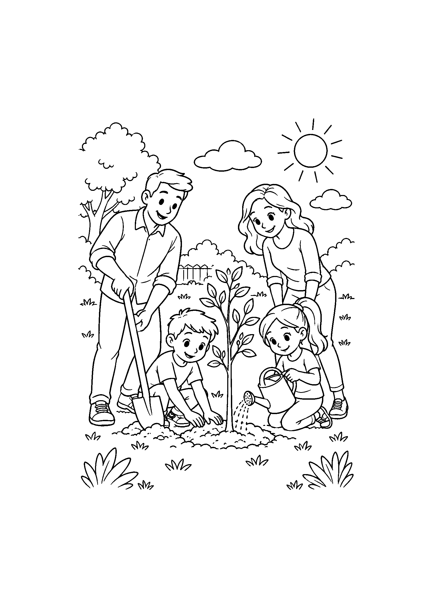 Coloriage famille représentant parents, enfants et jeune arbre avec pelle et arrosoir, dessin gratuit à imprimer