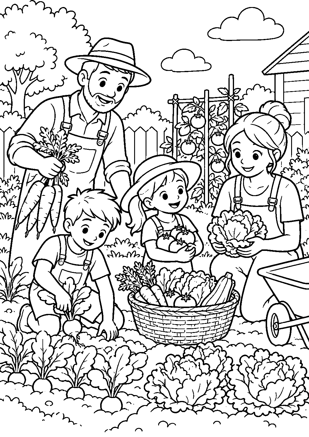 Coloriage famille représentant famille récoltant des légumes dans un petit potager, dessin gratuit à imprimer