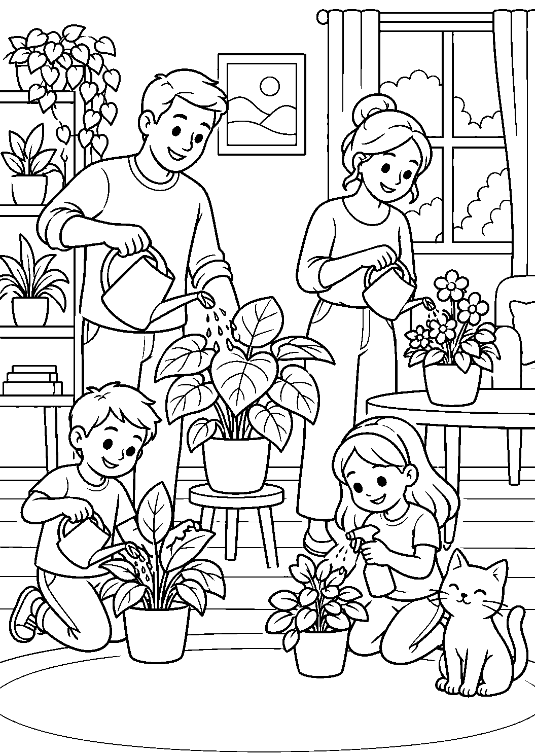 Coloriage famille représentant parents et enfants prenant soin de plantes en pots à la maison, dessin gratuit à imprimer