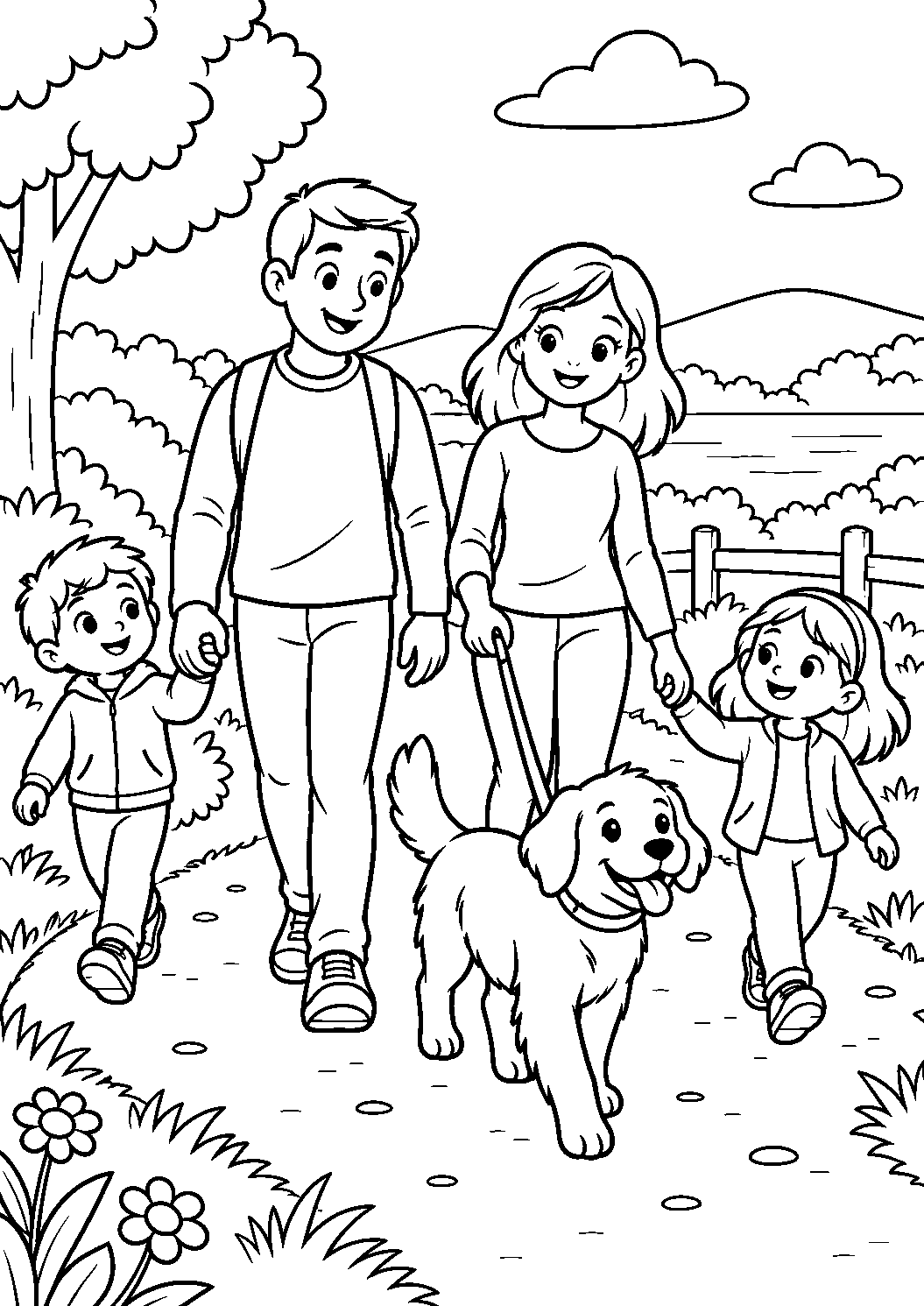 Coloriage famille représentant famille marchant sur un chemin avec un chien en laisse, dessin gratuit à imprimer