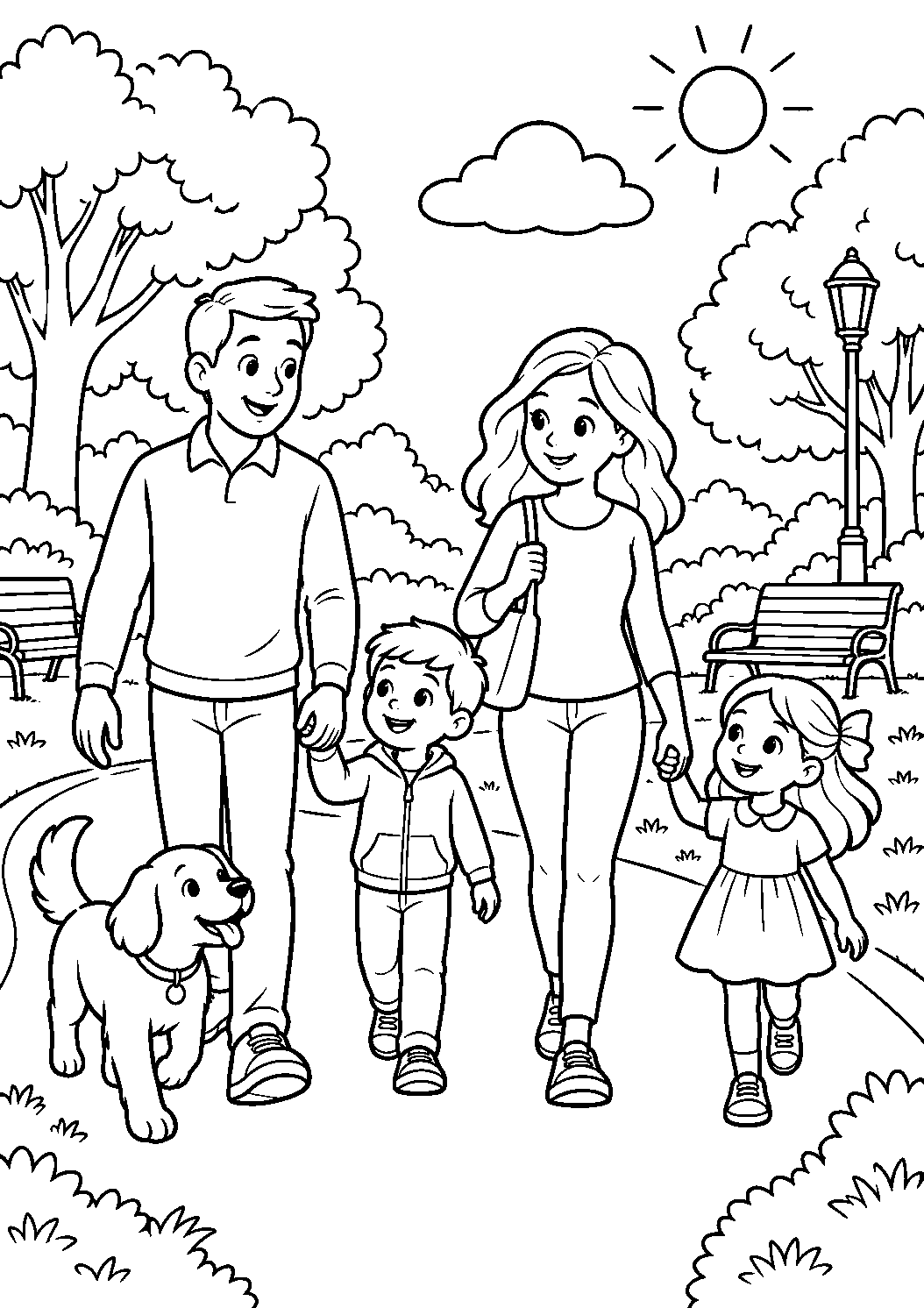 Coloriage famille représentant famille marchant ensemble dans un parc avec bancs et arbres, dessin gratuit à imprimer