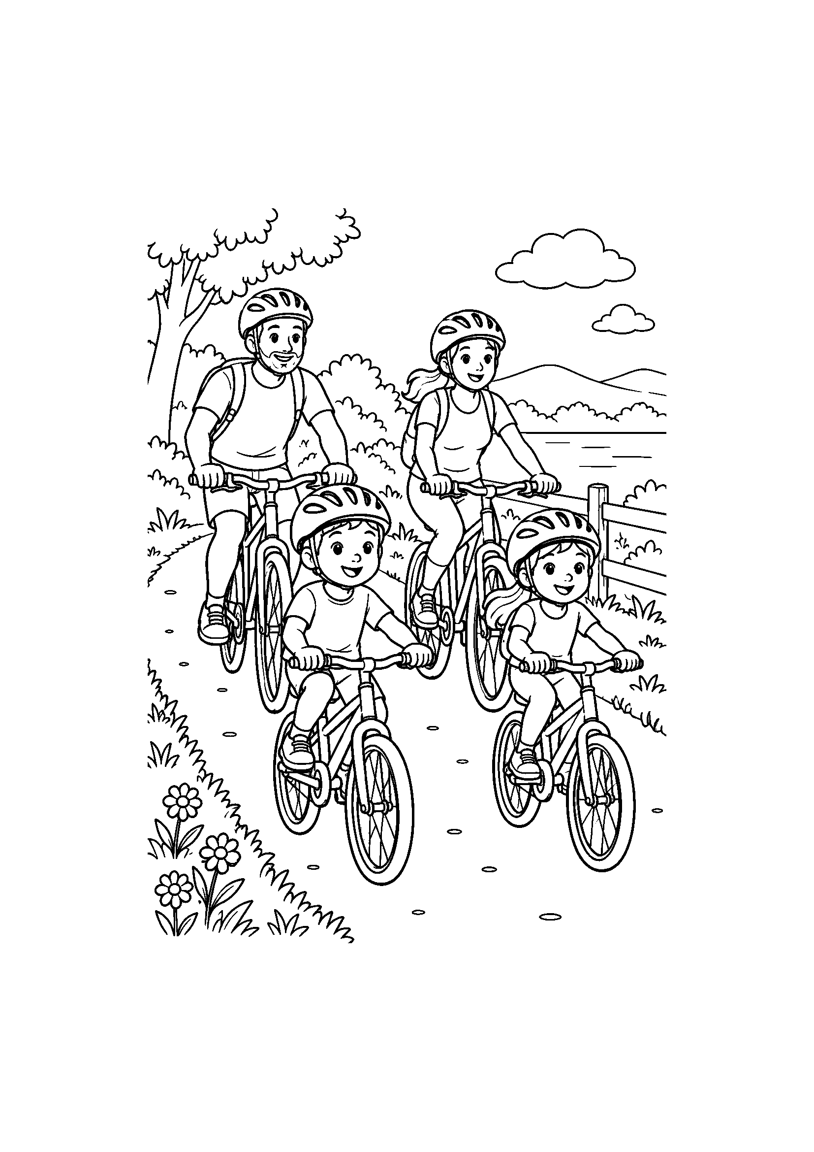 Coloriage famille représentant adultes et enfants roulant à vélo sur une piste calme avec casques, dessin gratuit à imprimer