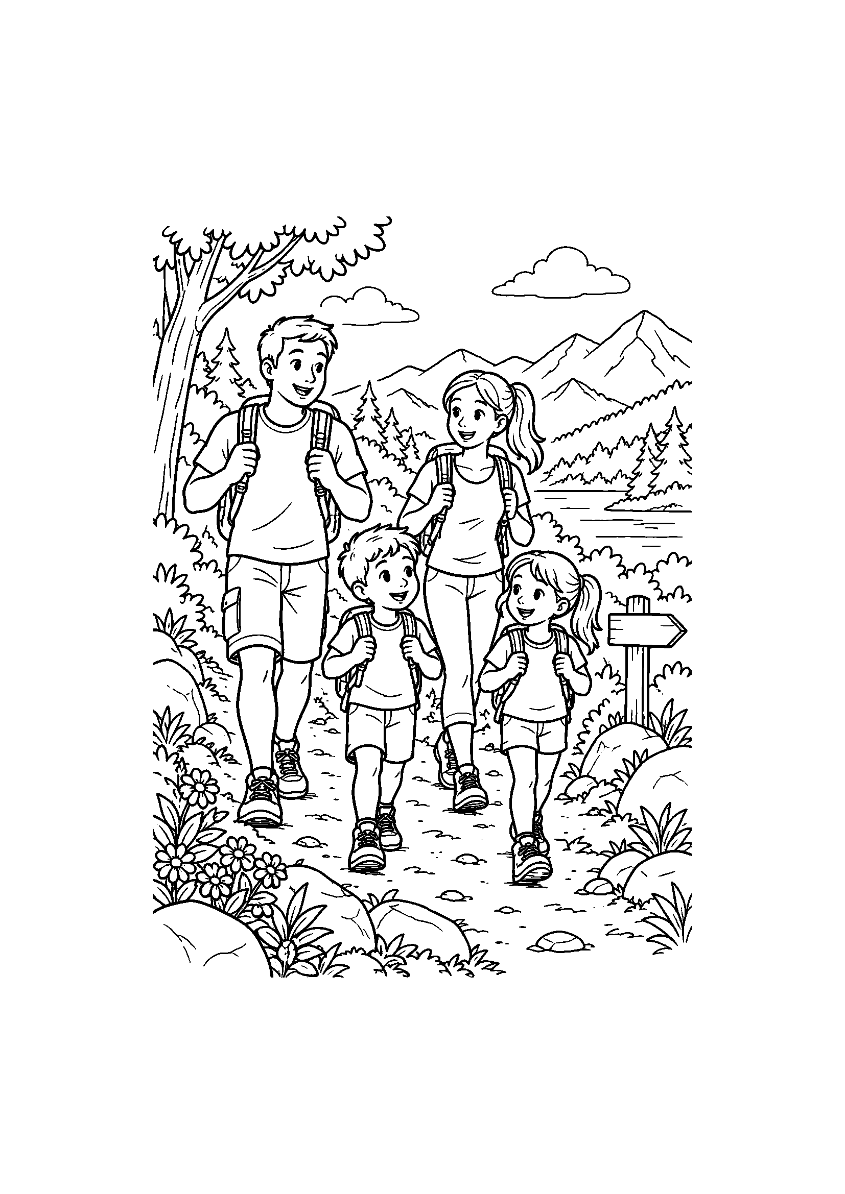 Coloriage famille représentant famille marchant sur un sentier de randonnée avec sacs légers, dessin gratuit à imprimer