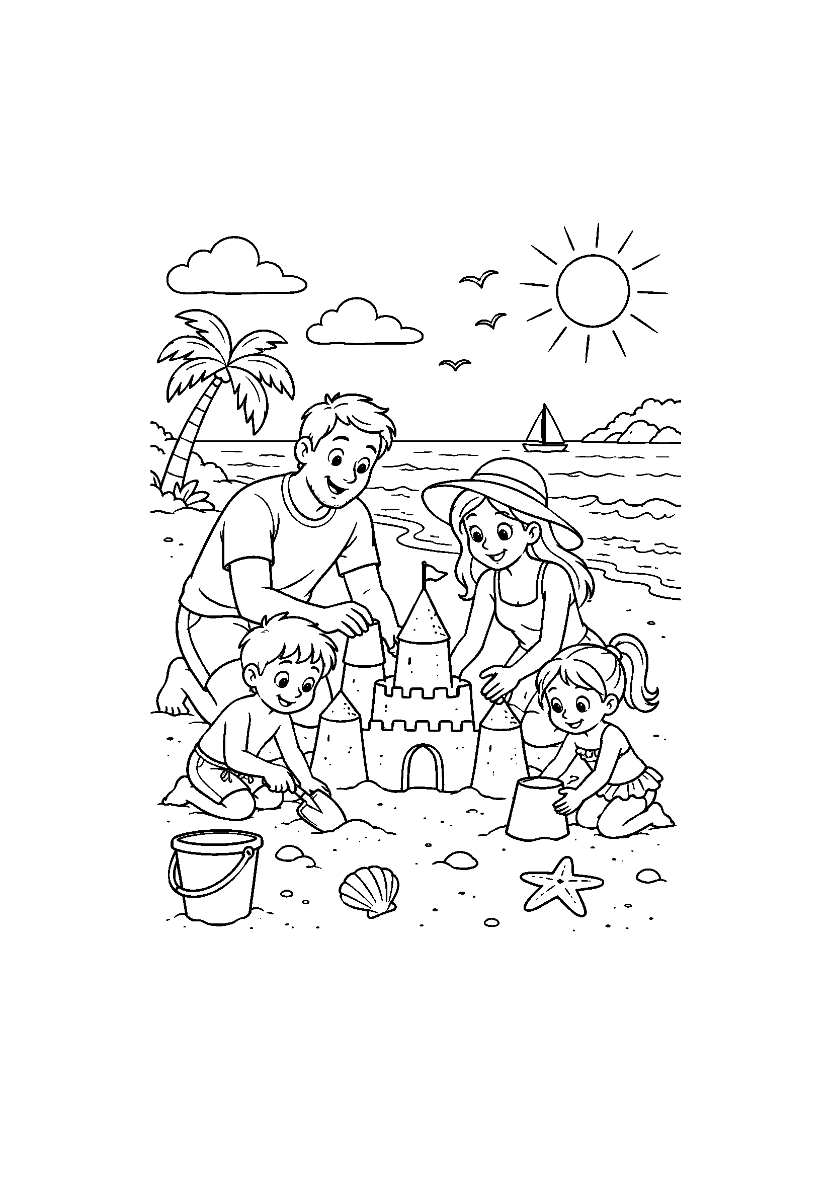 Coloriage famille représentant famille construisant un château de sable et jouant près de la mer, dessin gratuit à imprimer