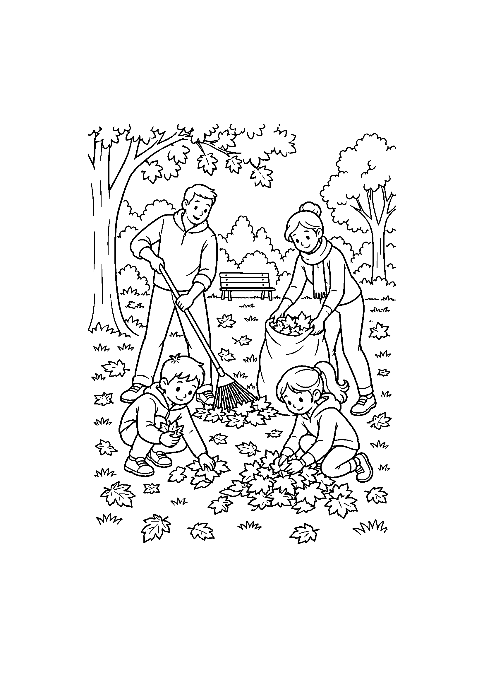 Coloriage famille représentant adultes et enfants ramassant des feuilles tombées dans un parc, dessin gratuit à imprimer