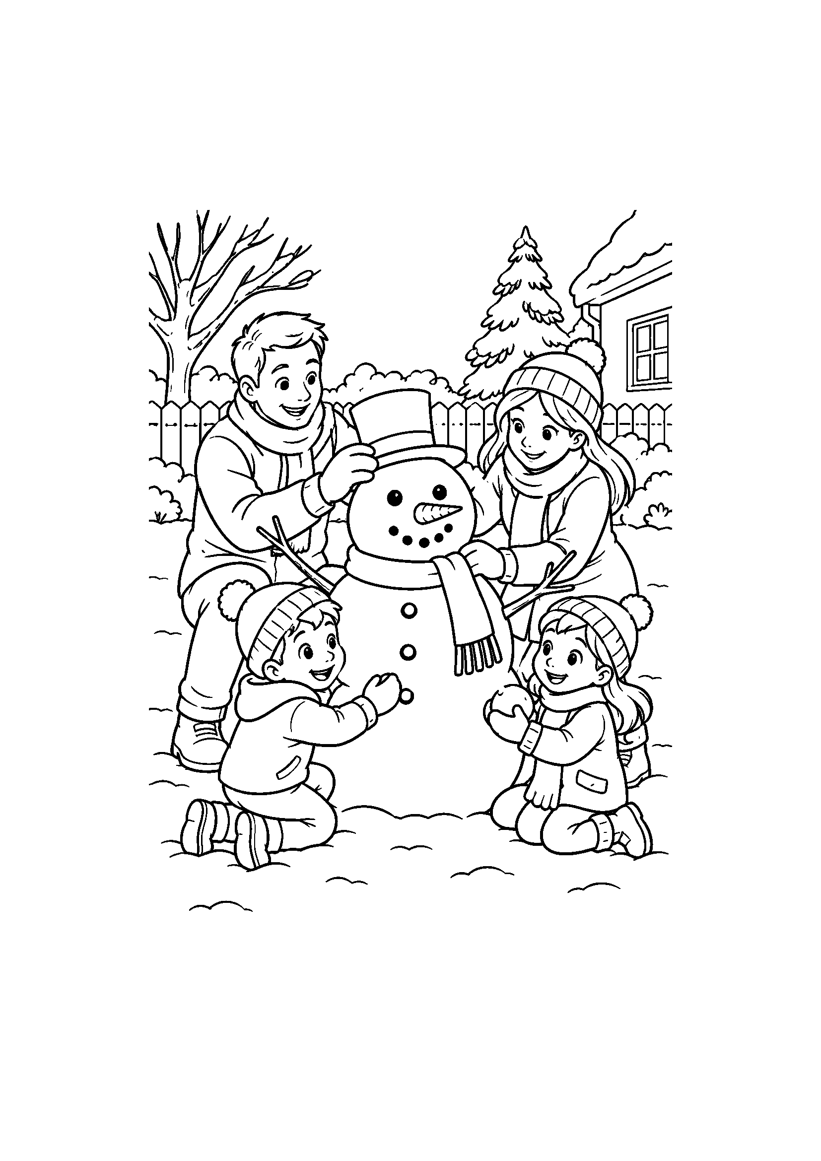 Coloriage famille représentant parents et enfants assemblant un bonhomme de neige dans un jardin, dessin gratuit à imprimer