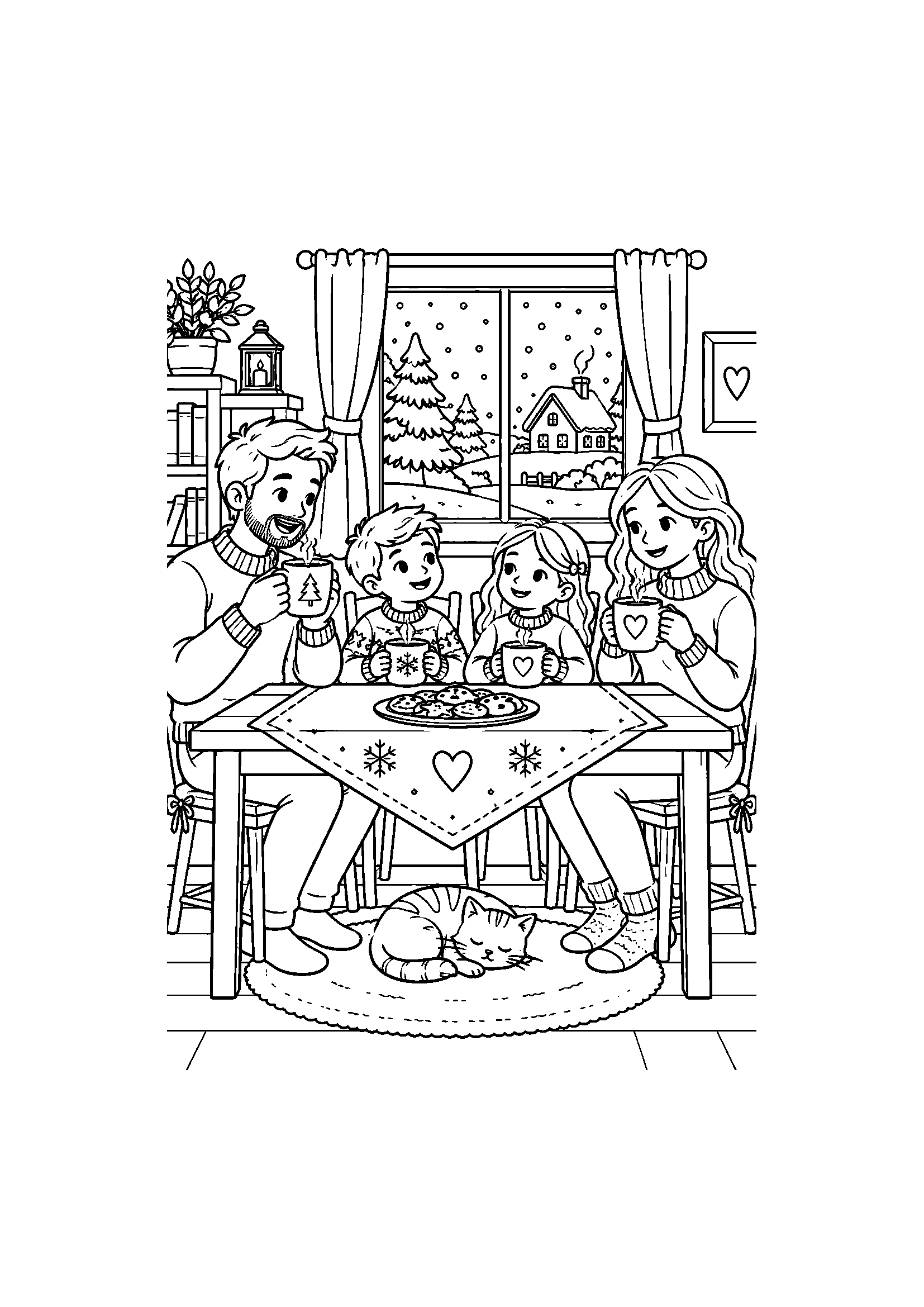 Coloriage famille représentant famille installée autour d’une table avec tasses fumantes et fenêtre enneigée, dessin gratuit à imprimer