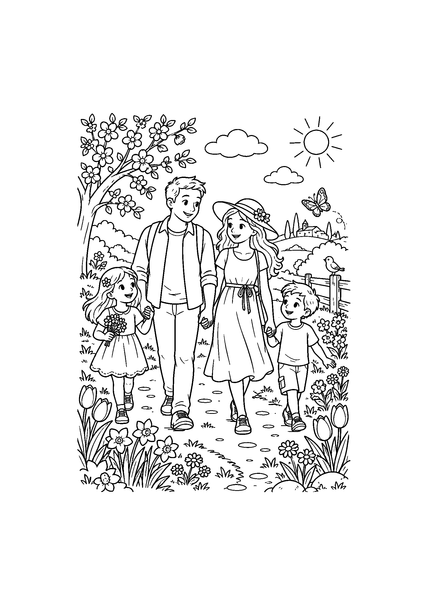 Coloriage famille représentant famille se promenant parmi des fleurs de printemps, dessin gratuit à imprimer
