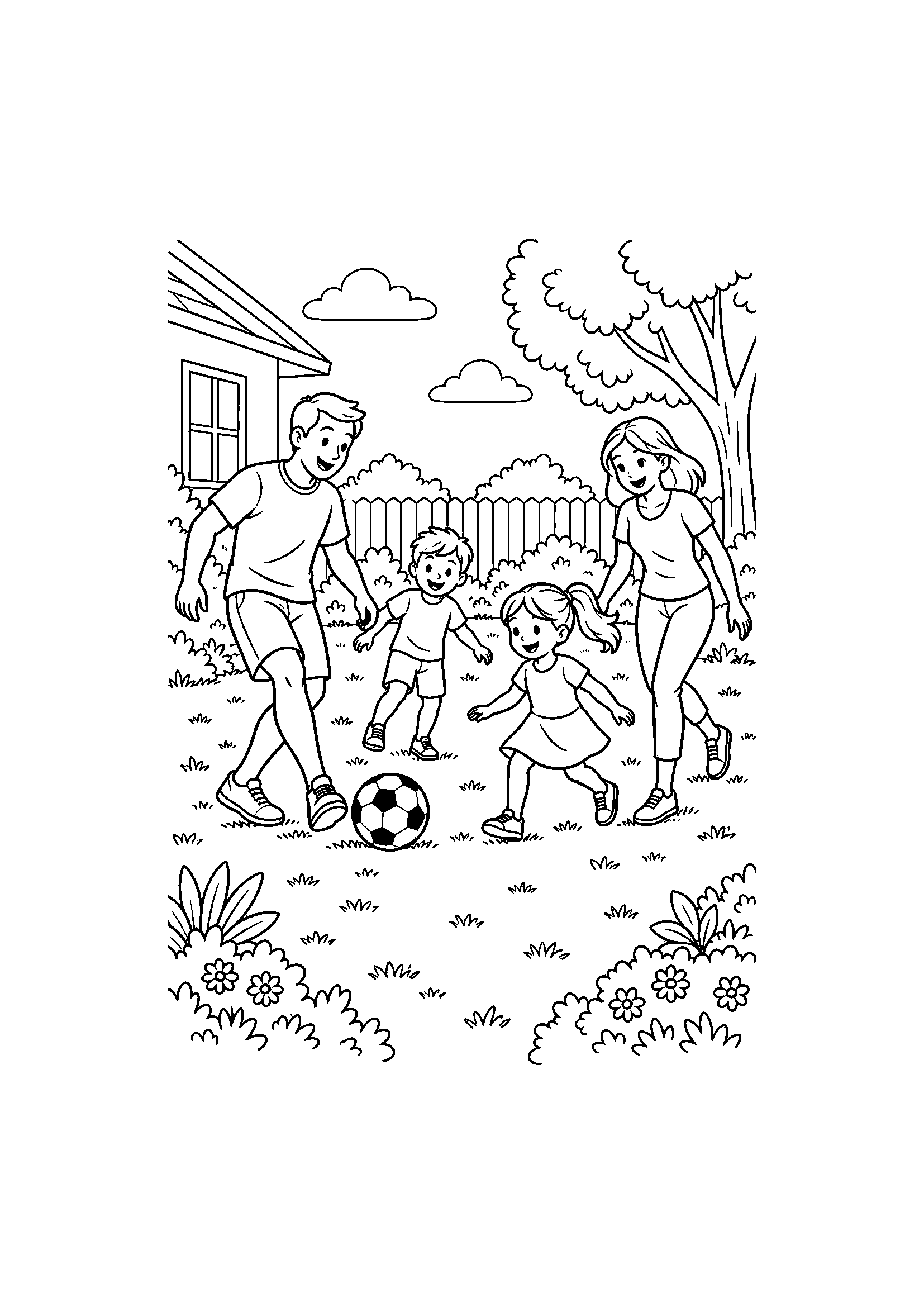 Coloriage famille représentant parents et enfants jouant au ballon dans un jardin familial, dessin gratuit à imprimer