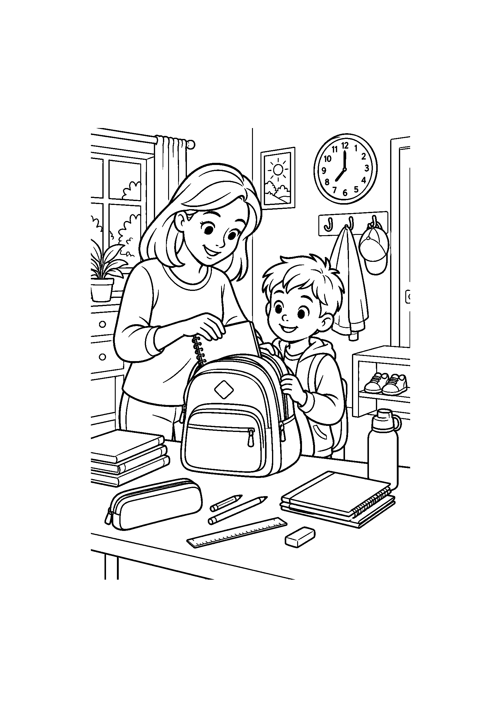 Coloriage famille représentant parent aidant un enfant à préparer son cartable avant l’école, dessin gratuit à imprimer