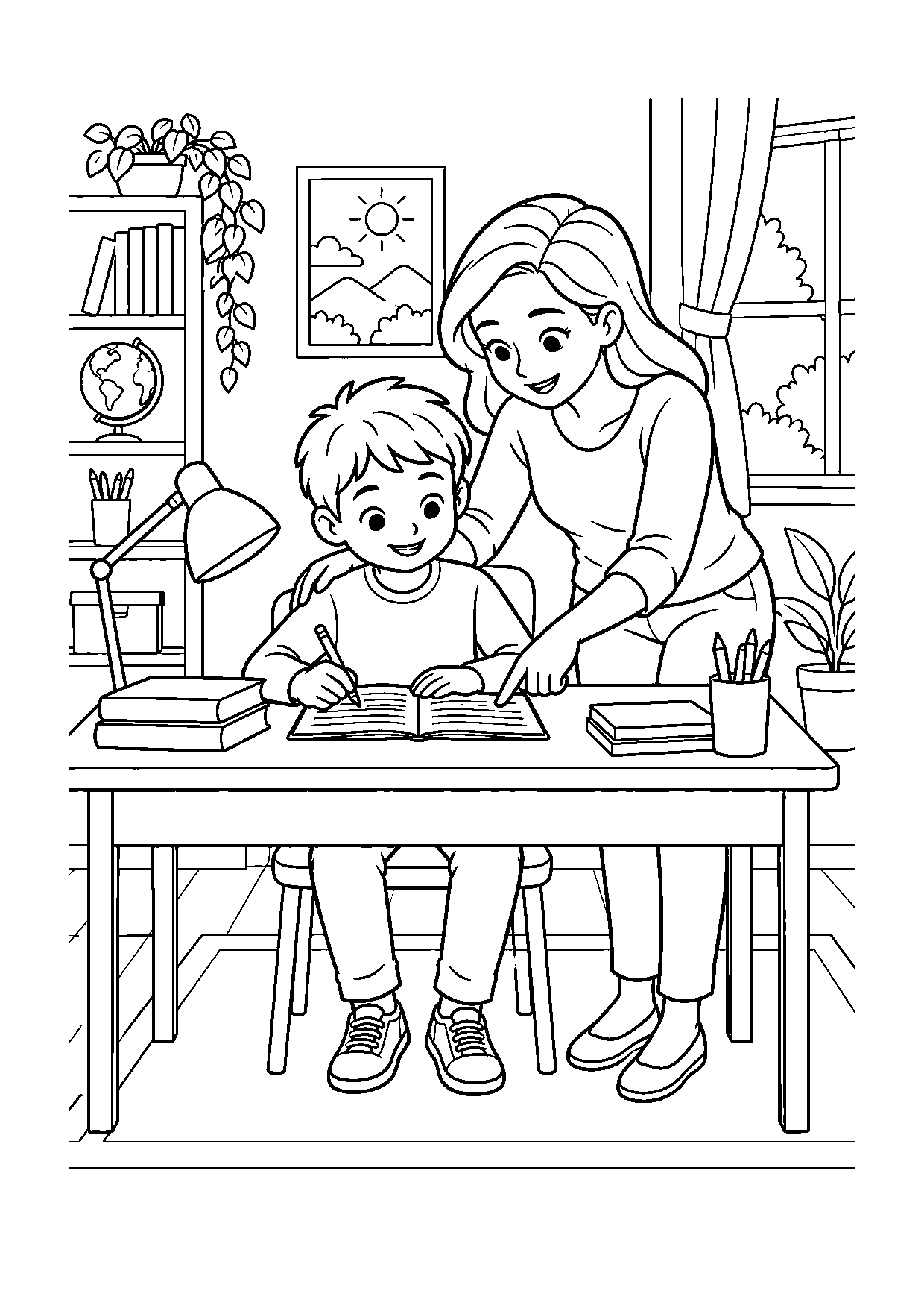 Coloriage famille représentant parent accompagnant un enfant qui travaille à un bureau, dessin gratuit à imprimer