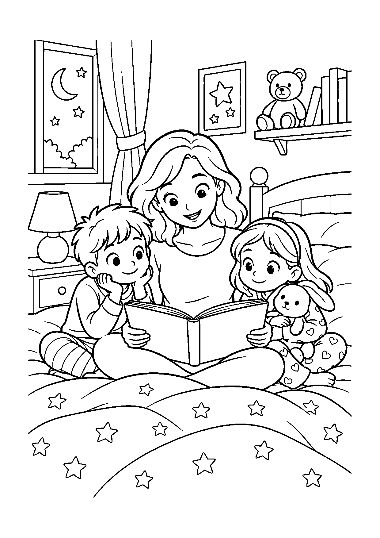 Coloriage famille représentant adulte lisant une histoire à deux enfants dans une chambre, dessin gratuit à imprimer