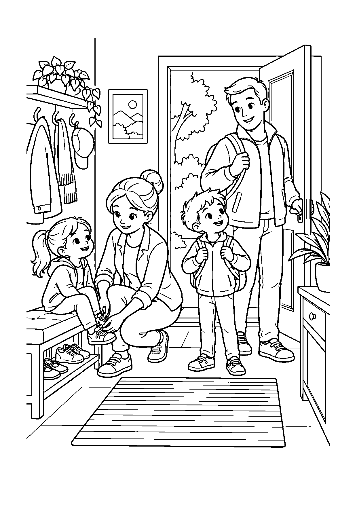 Coloriage famille représentant famille se préparant calmement pour la journée dans l’entrée de la maison, dessin gratuit à imprimer