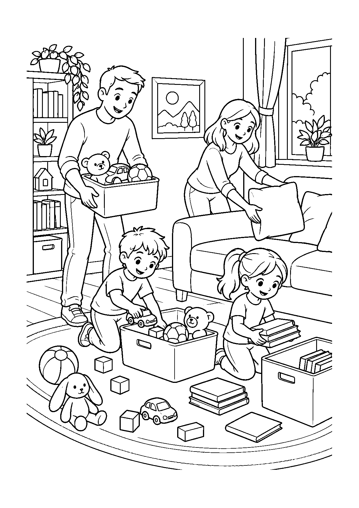 Coloriage famille représentant parents et enfants rangeant jouets, livres et coussins ensemble, dessin gratuit à imprimer