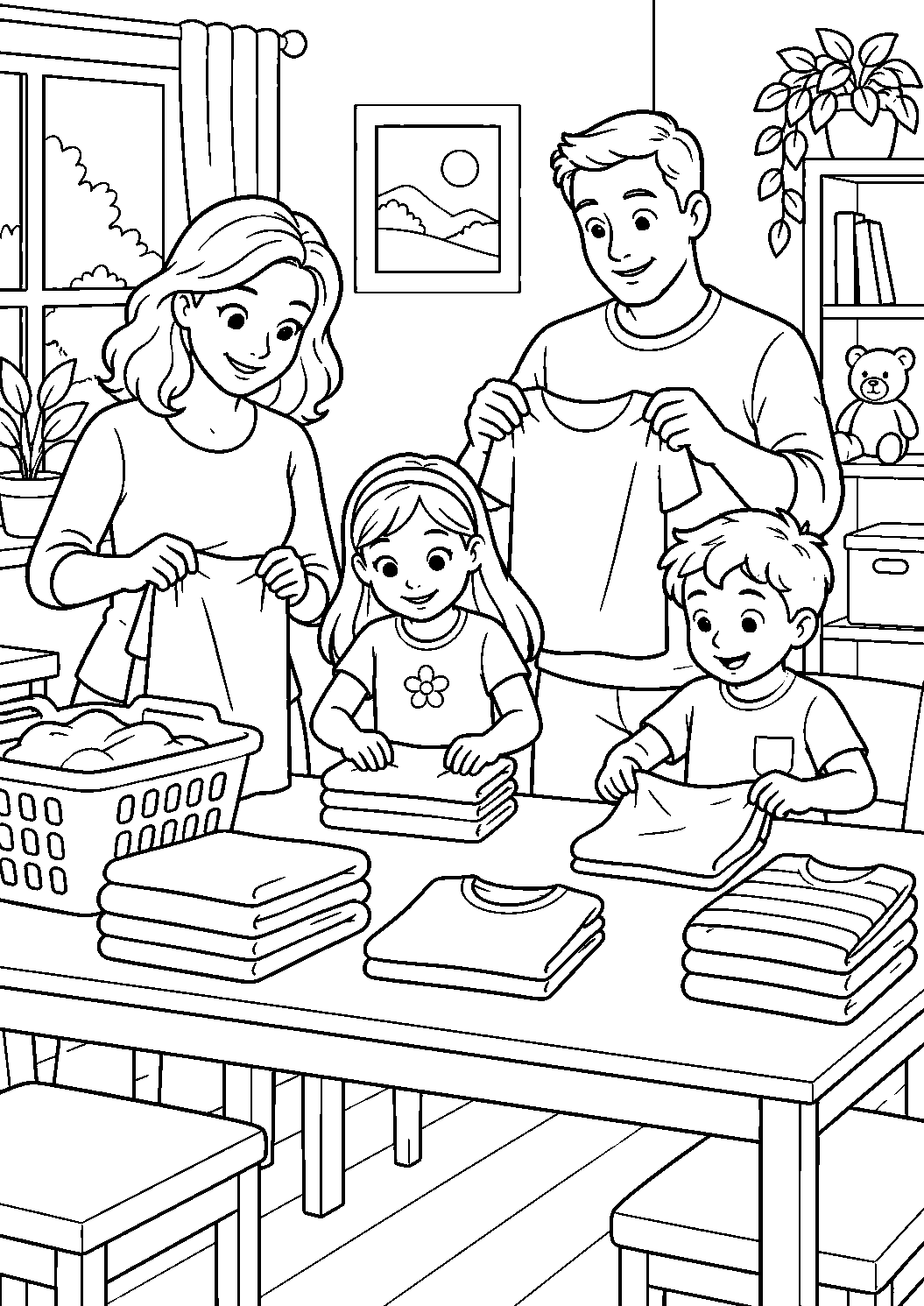 Coloriage famille représentant adultes et enfants pliant du linge propre sur une table, dessin gratuit à imprimer