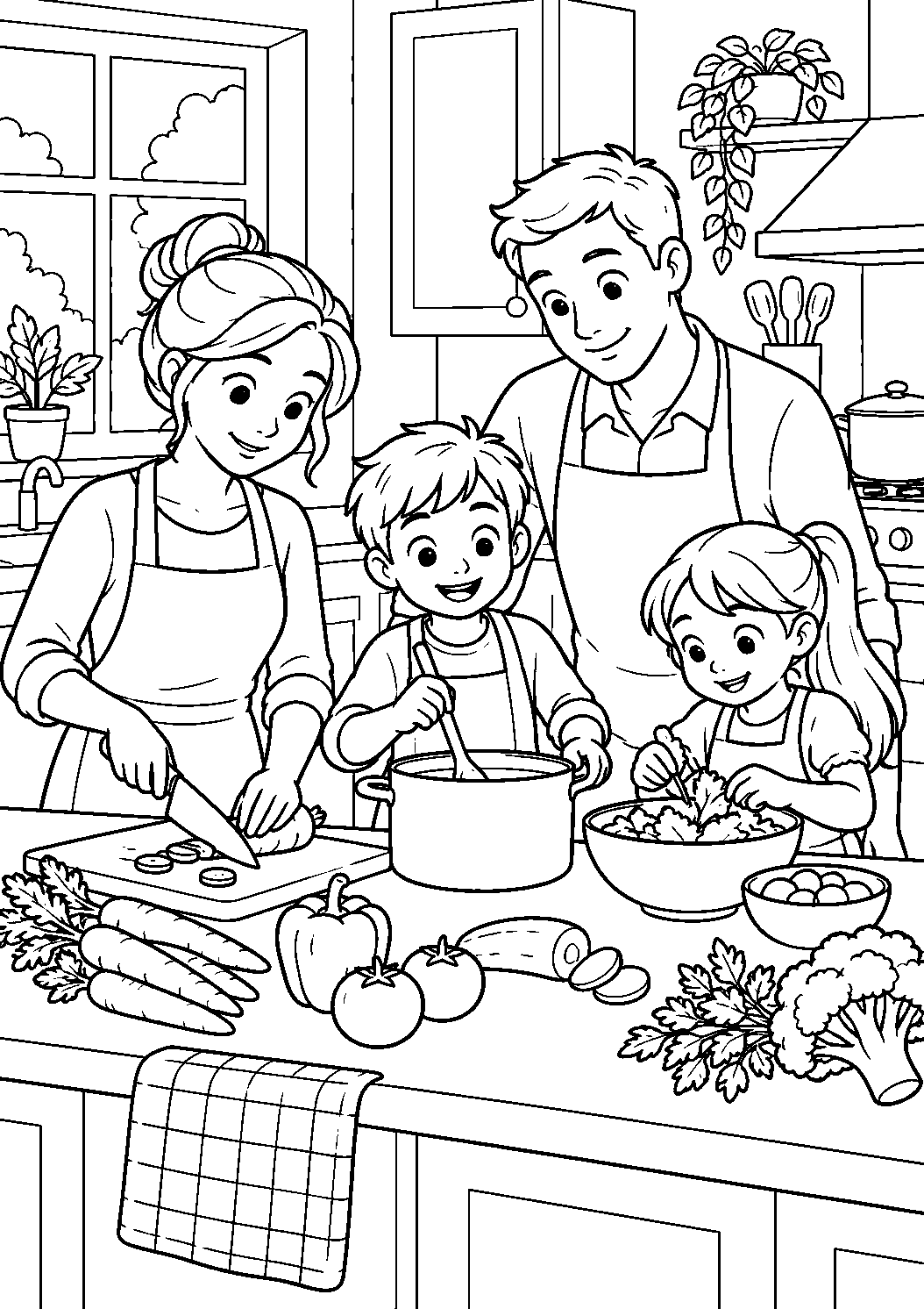 Coloriage famille représentant famille coupant des légumes et préparant un repas ensemble, dessin gratuit à imprimer