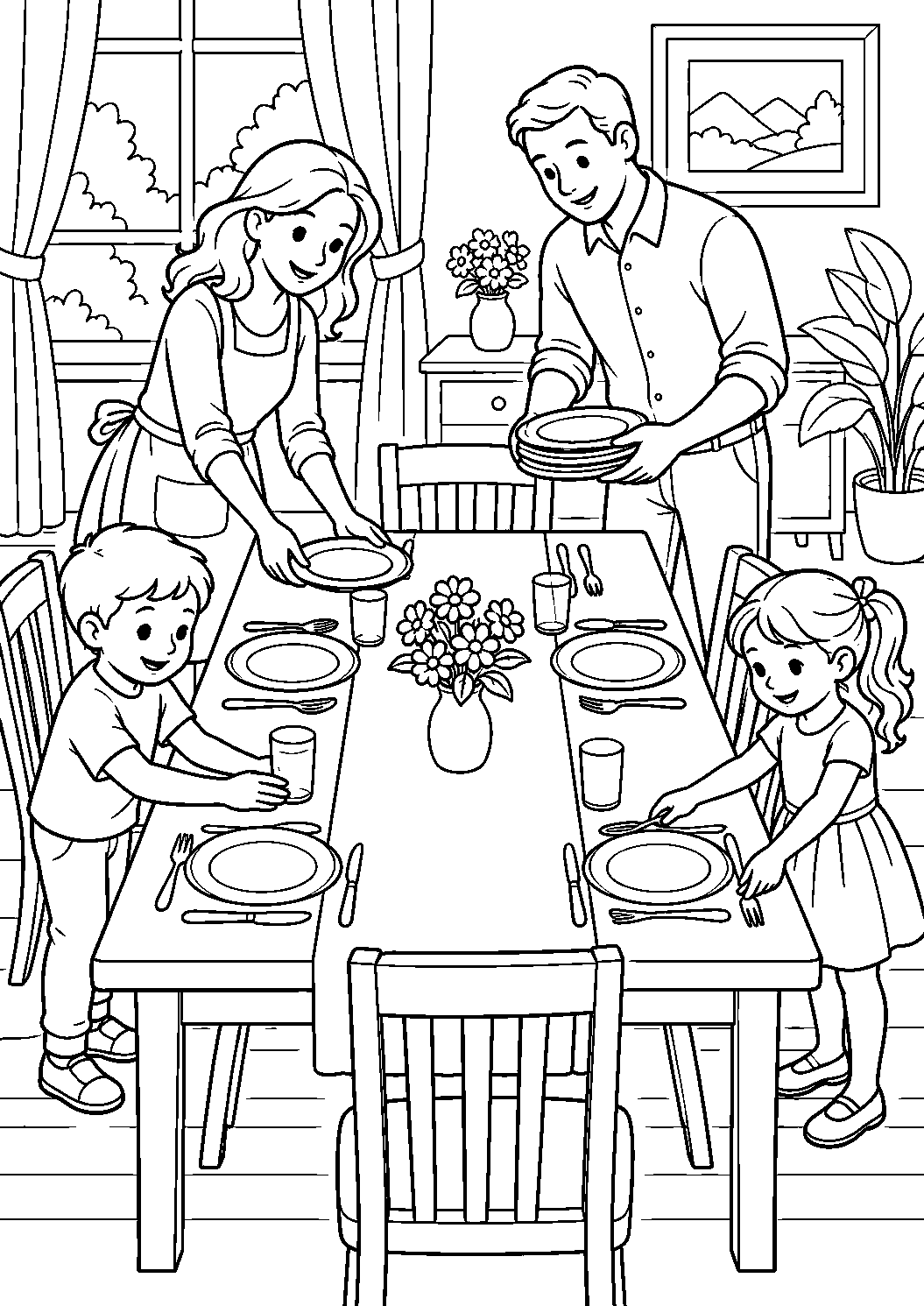 Coloriage famille représentant parents et enfants installant assiettes, verres et couverts, dessin gratuit à imprimer