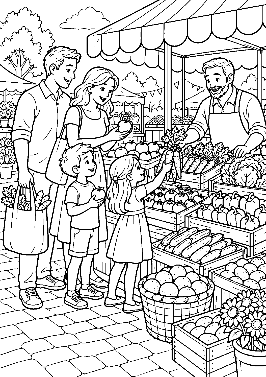 Coloriage famille représentant famille choisissant fruits et légumes sur un marché générique, dessin gratuit à imprimer